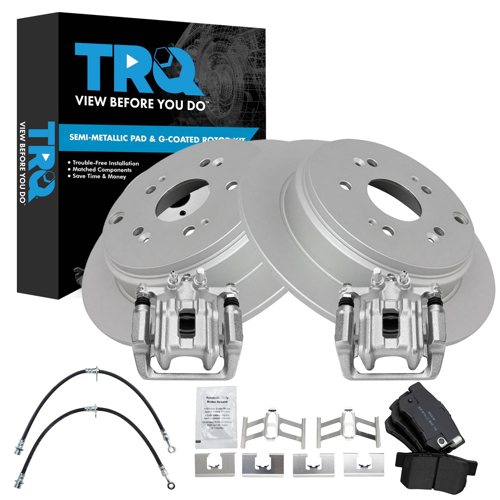 TRQ Rear Brake Pad &amp; Rotor Kit Semi-Metallic Premium G-Coated Compatible with 2007-2012 Acura RDX