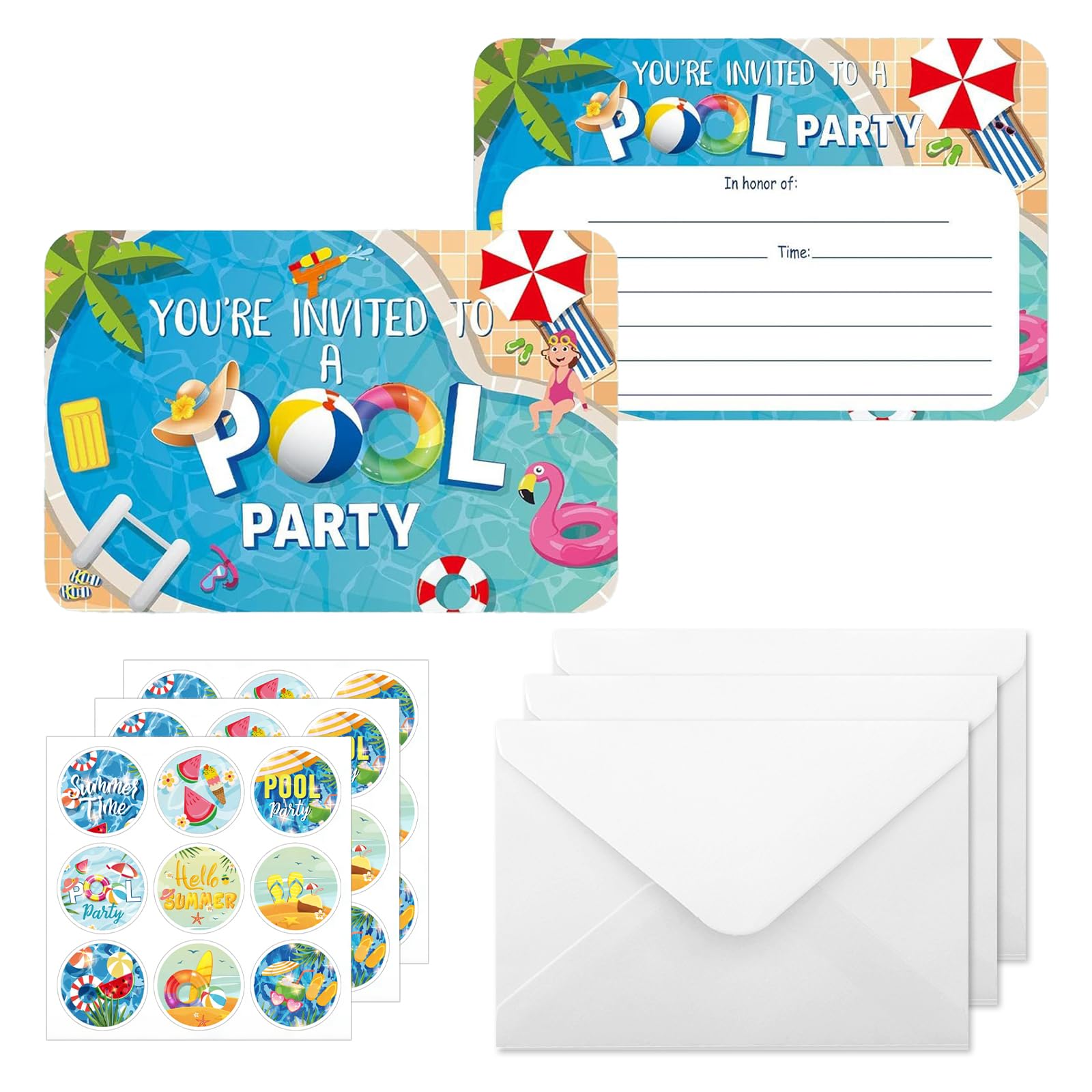 IHCEMIH 24 Pack Party Invitations Kids, Birthday Invites Card Girls Pool Party Invite Summer Childrens Paper Invitation Cards with 24 Envelopes & Stickers for Children Boys Girls UK โ image 1