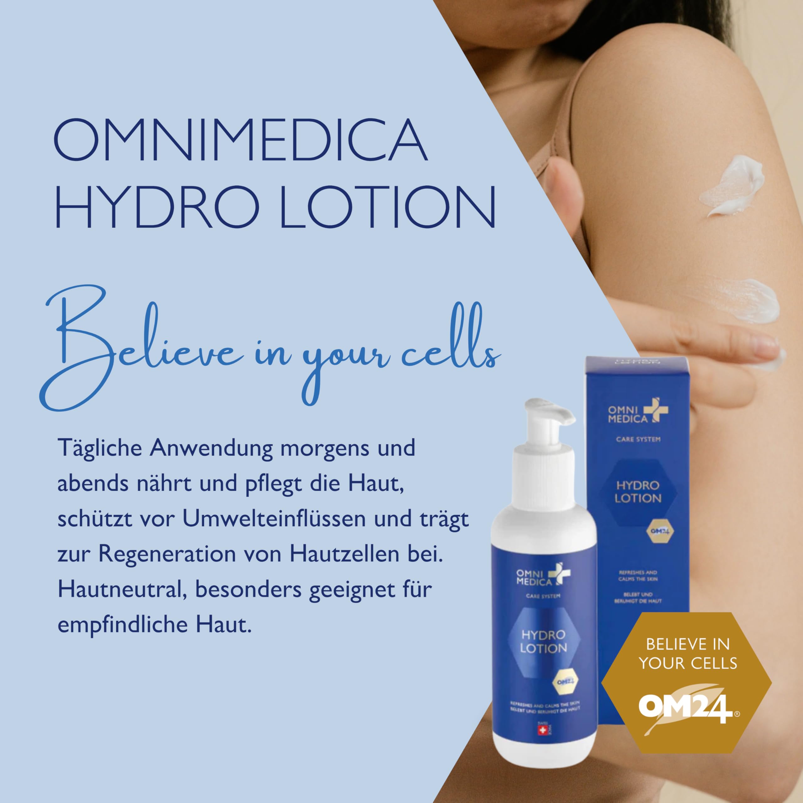 OMNIMEDICA Hydro Lotion – Feuchtigkeitsspendende, fettfreie Körperlotion gegen Falten, Altersflecken & Pigmentstörungen – mit OM24® & Hamamelis – für Damen, Herren & Kinder – vegan & Swiss Made