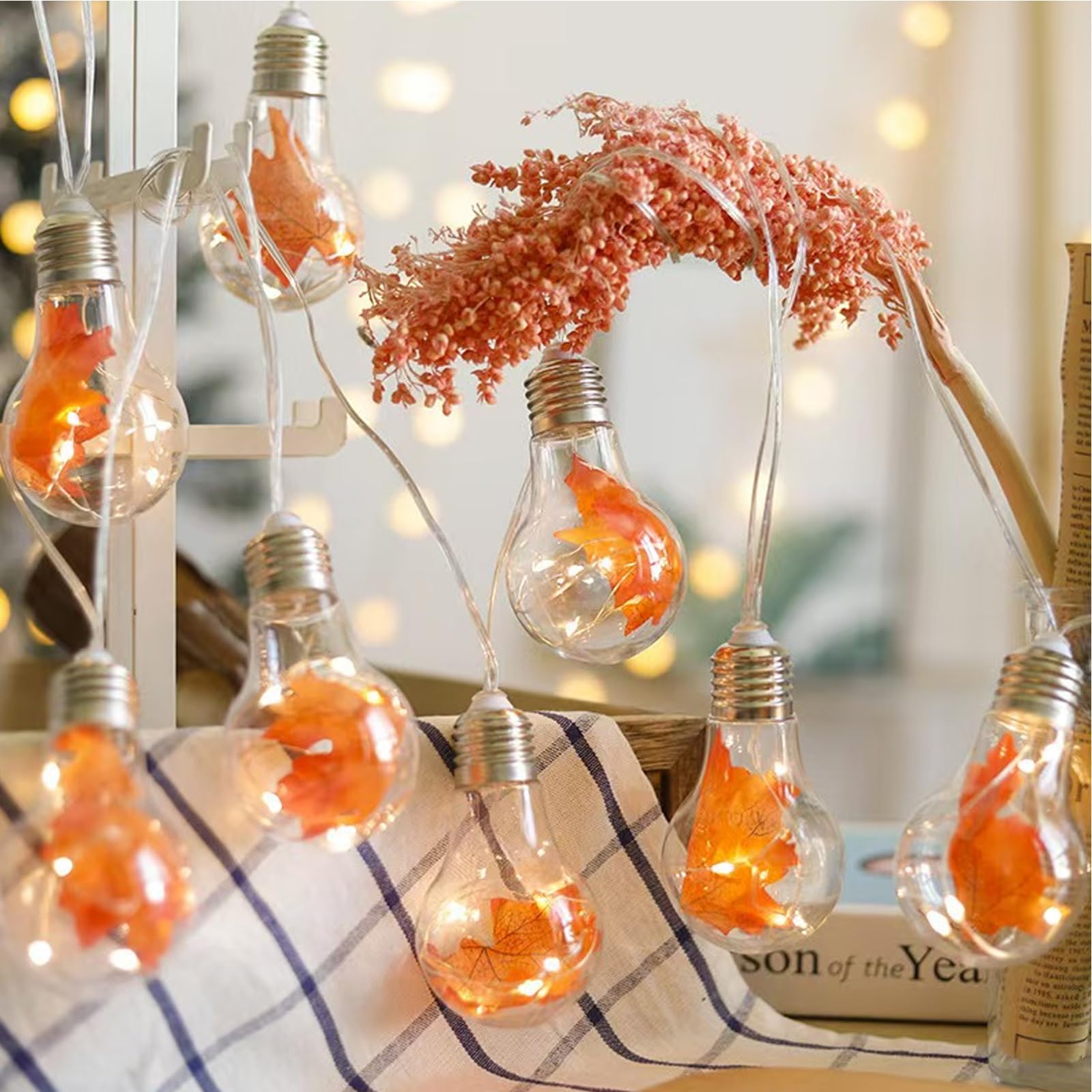Neioaas Fairy Bulb String Lights with Maple Leaf Design- Maple Leaf Lights Battery Operated with Remote Timer, 10ft 10 LED Globe String Lights for Autumn, Thanksgiving, Halloween, and Christmas Decor