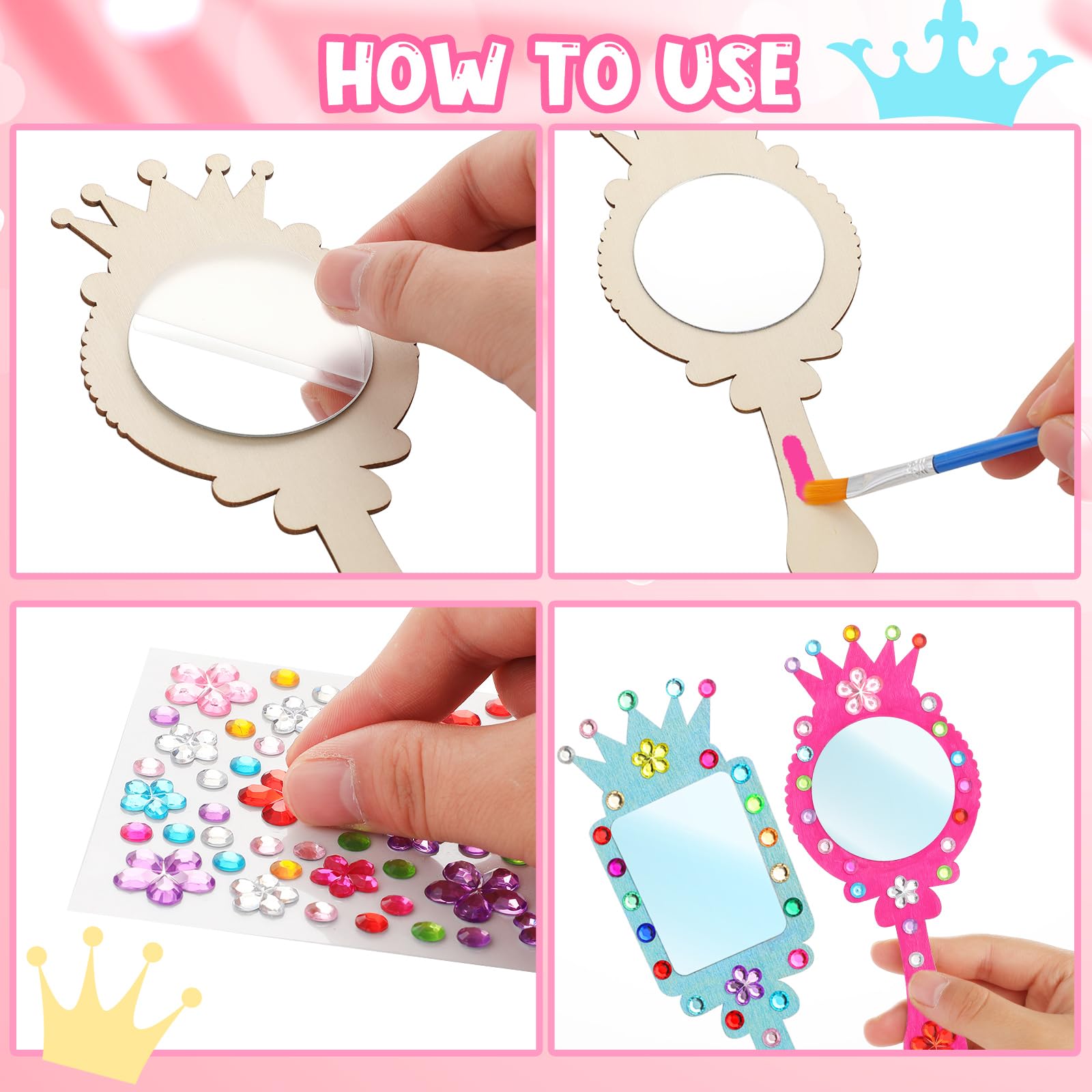 XJWWHZ 12 Pack Wooden Mirror Craft for Kids, DIY Princess Mirrors for Girls, Paint Wooden Hand Mirror for Art Activities