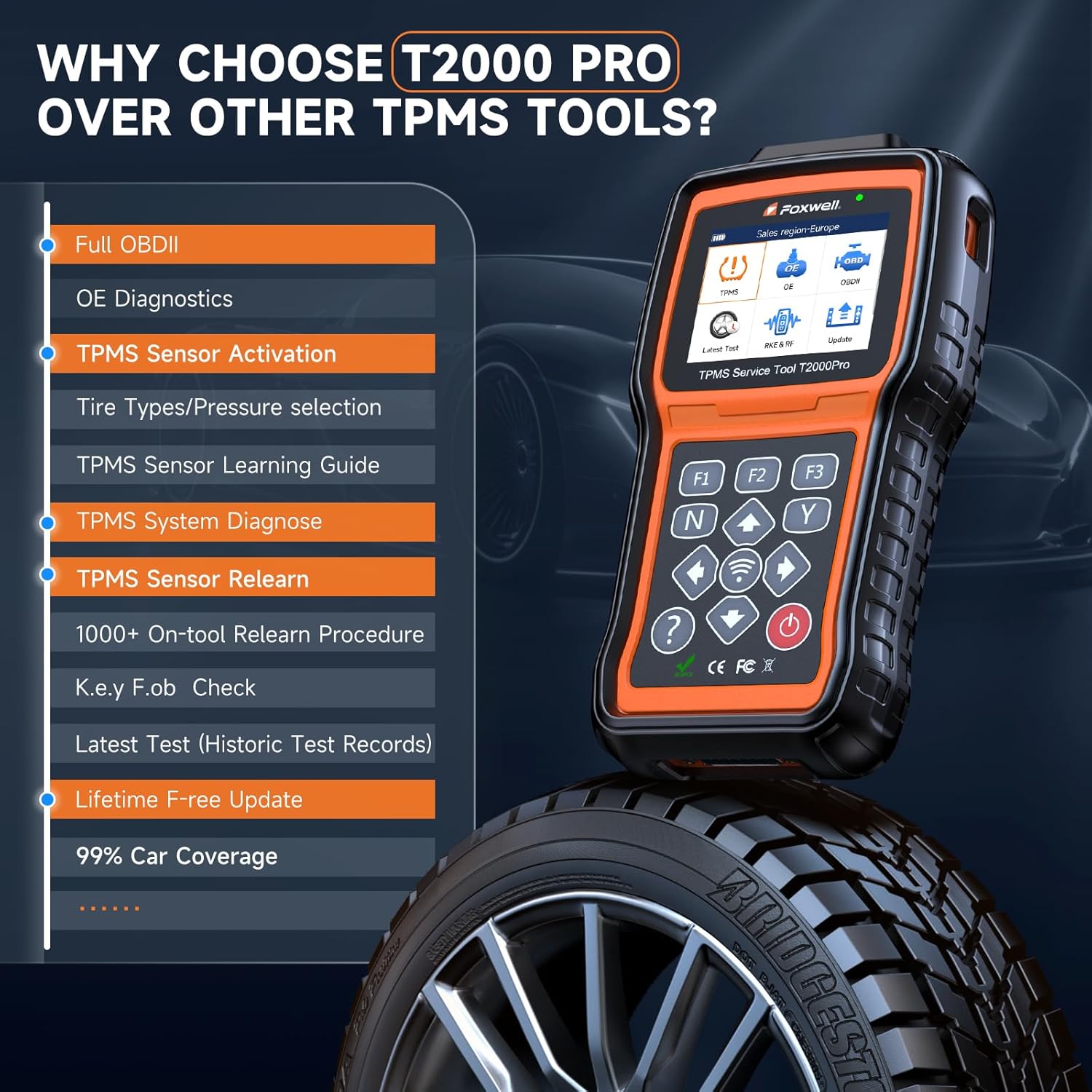 Features of FOXWELL T2000 Pro including Full OBDII, TPMS Sensor Activation, Relearn, and Lifetime Free Update