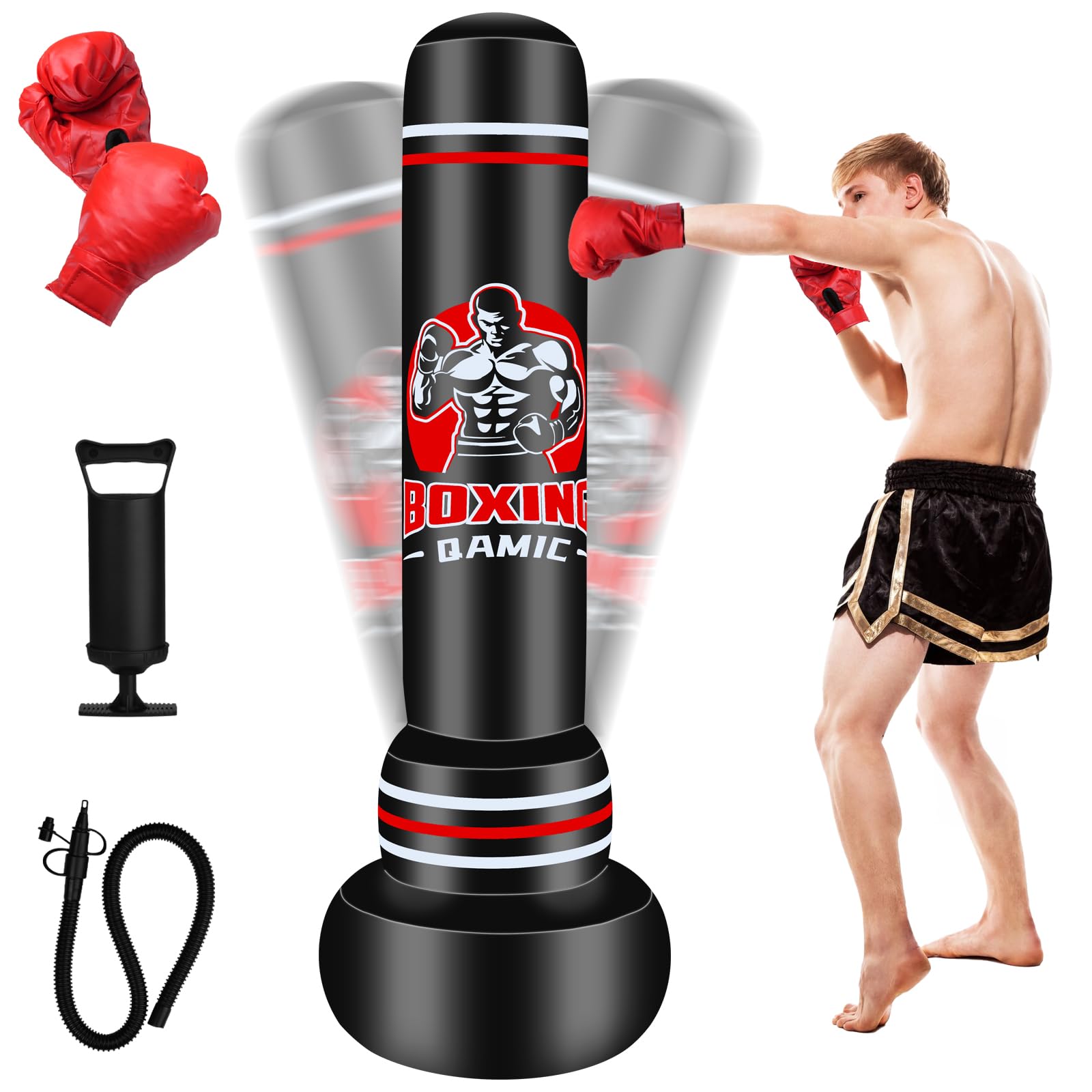 QAMIC Boxsack Erwachsene, 180cm Aufblasen Schweren Boxsack mit Boxhandschuhen und Luftpumpe, 0,5 mm dickem PVC-Material Standboxsack für MMA Muay Thai Fitness Anfänger Training