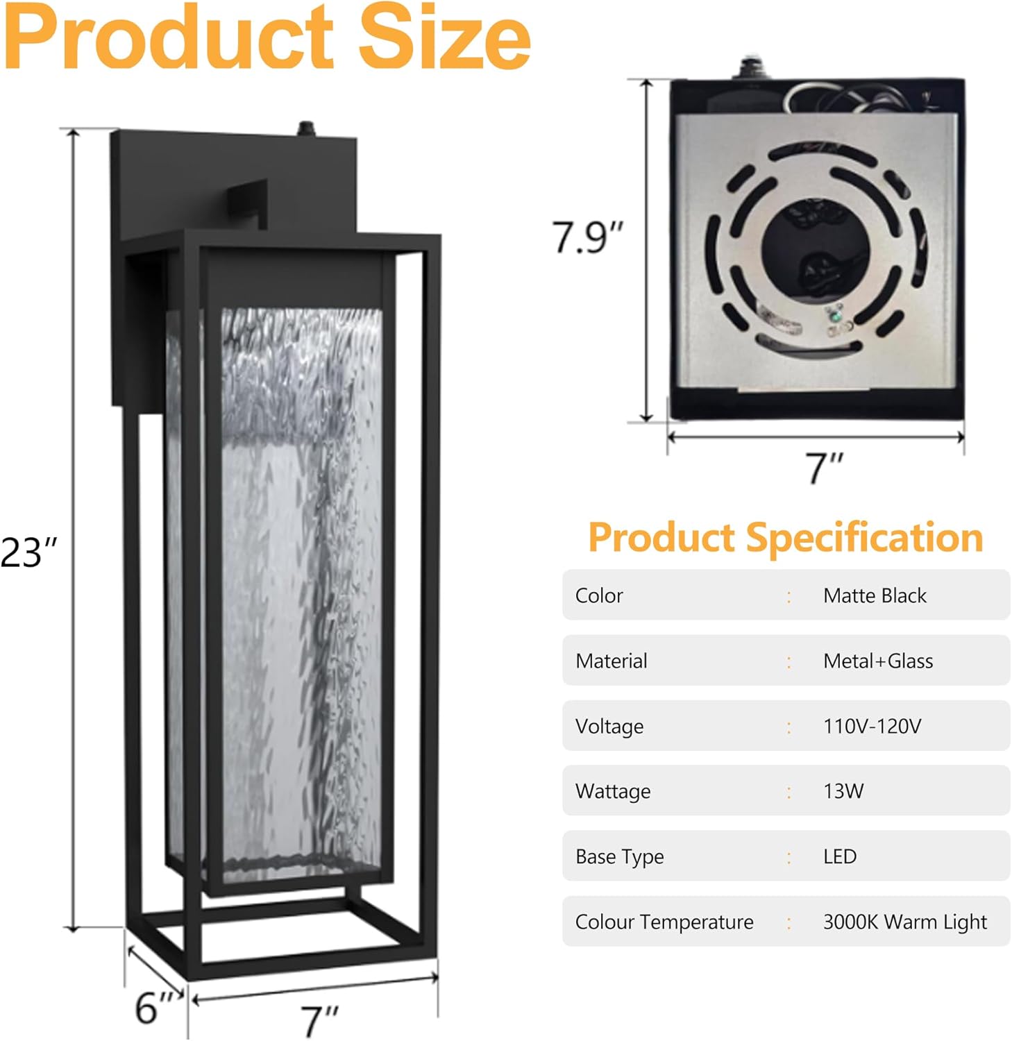 𝟐𝟑𝐈𝐍𝐂𝐇 Extra Large Dusk to Dawn LED Outdoor Light, Black Front Door Light, Rippled Glass Wall Sconce Waterproof Exterior Lighting Fixtures, Outdoor Lights for House Garage Patio