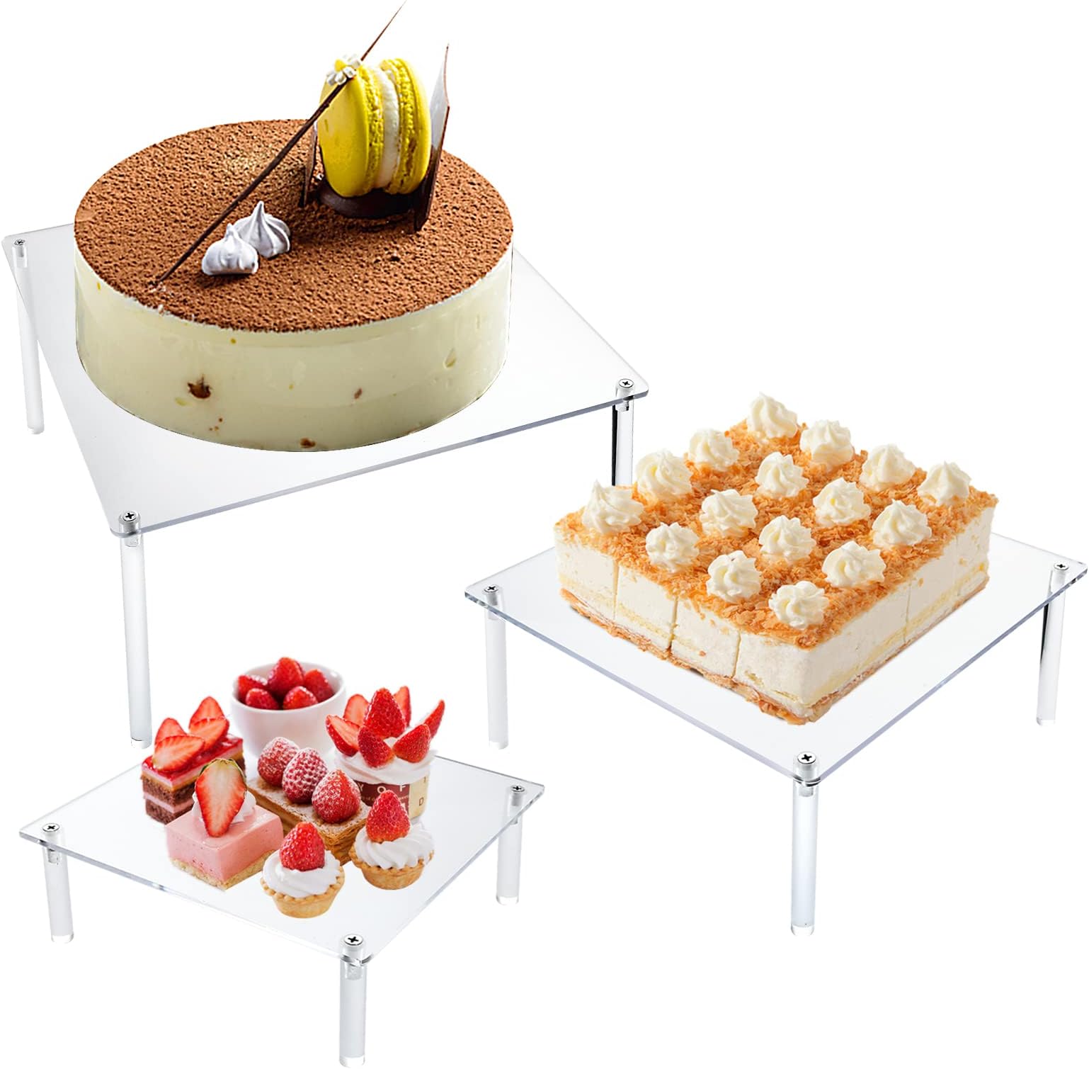 Supkiir Acrylic Cupcake Stand, 3Pcs Square Clear Cake Stand Dessert Table Display Set for Cake Pizza Dessert, Food Stands Display for Birthday Christmas Wedding Party