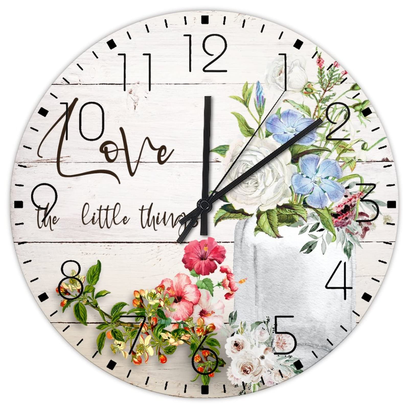 Horloge murale minimaliste en bois vintage avec fleurs aquarelle à pile