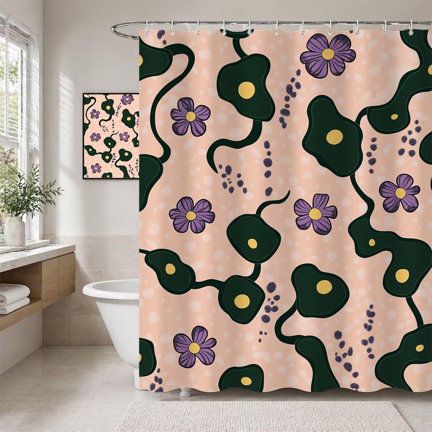 Rideau douche polyester fleur lilas 180x200 cm lavable avec 12 crochets