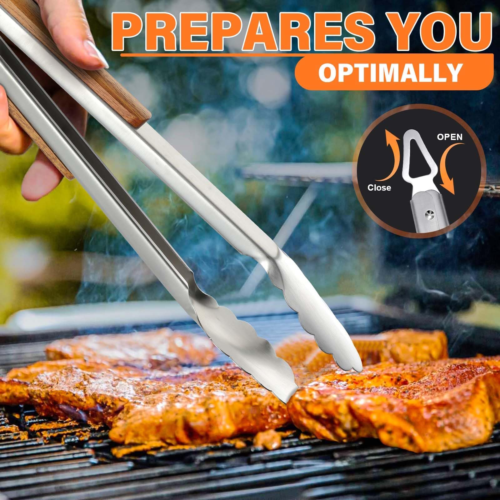 TIVOLI Set di utensili per barbecue in acciaio inox, 4 pezzi | Include pinze, spatola, forchetta e spazzola per barbecue da giardino, grigliare e cucinare all'aperto con facilità.