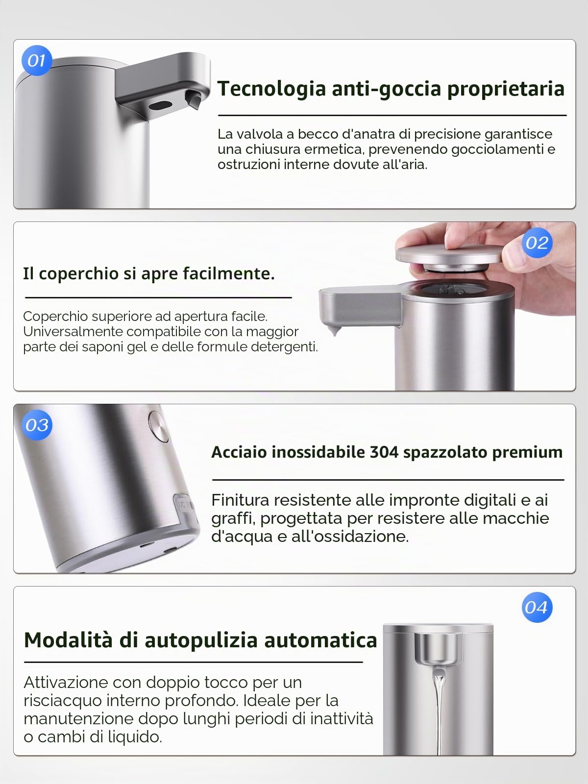 Dispenser Sapone Automatico Acciaio Inossidabile: 3 Modalità Rapido Sensore | Pompa Anti-Otturazione, Sistema Antigoccia, Impermeabile, USB Ricaricabile, per Bagno Cucina Lavaggio Mani e Stoviglie