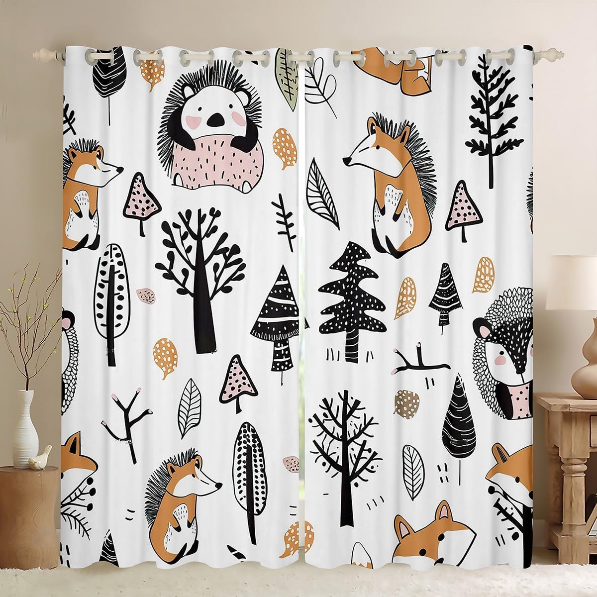 Feelyou Cute Animals Blackout Curtains (2 Panels, 42 x 63 Inch) Hedgehog Curtains for Bedroom Living Room Children Wild Life Decor Darkening Dreapes Cute Mushrooms Window Treatments