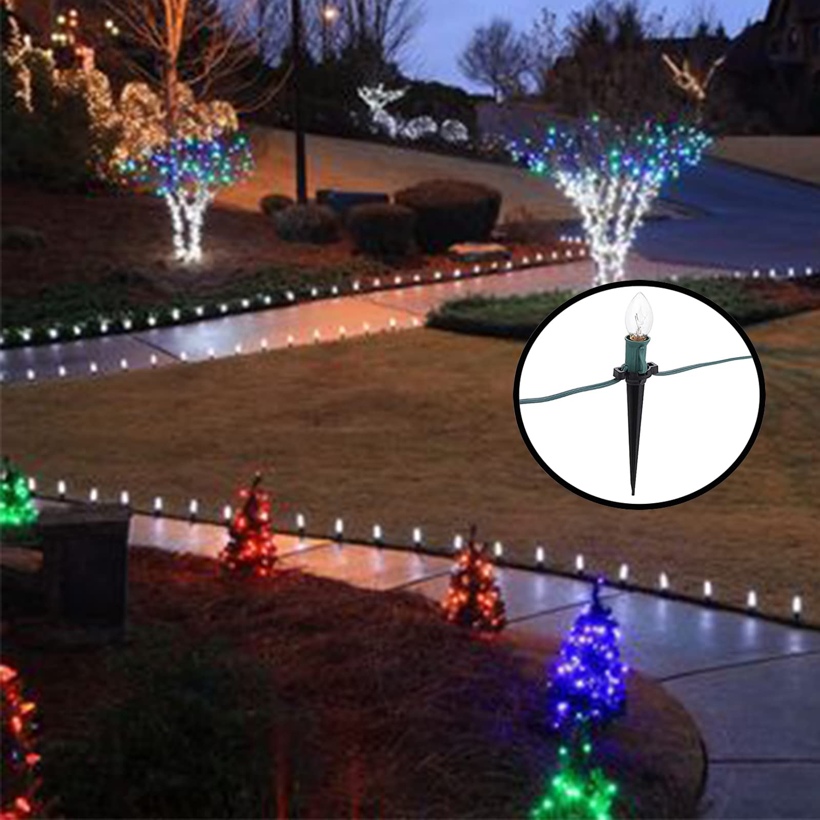 50 Stück Garten-Lampenhalter – 11,7 Cm Erdspieße Für Weihnachtslichter C7/C9, Aus Kunststoff, Dunkelgrün