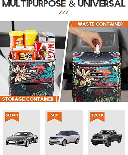 Vista 48 de HOTOR - Organizador de auto con tapa y bolsillos de almacenamiento, 100 % a prueba de fugas, resistente al agua, cubo de basura para autos, Negro