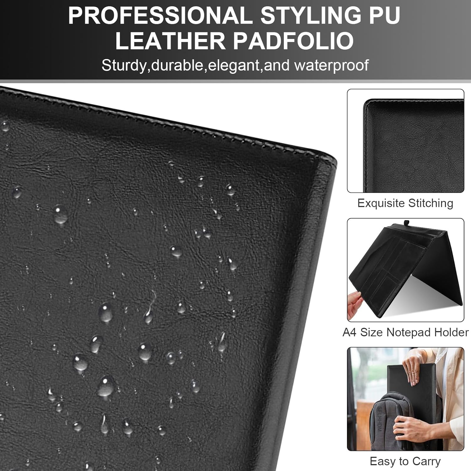 Professionelles Portfolio-Padfolio, PU-Leder, A4-Größe mit Klemmbrett, Notizblock, Visitenkartenhalter, Stiftschlaufe, mehrere Taschen für Büroorganisation (schwarz)