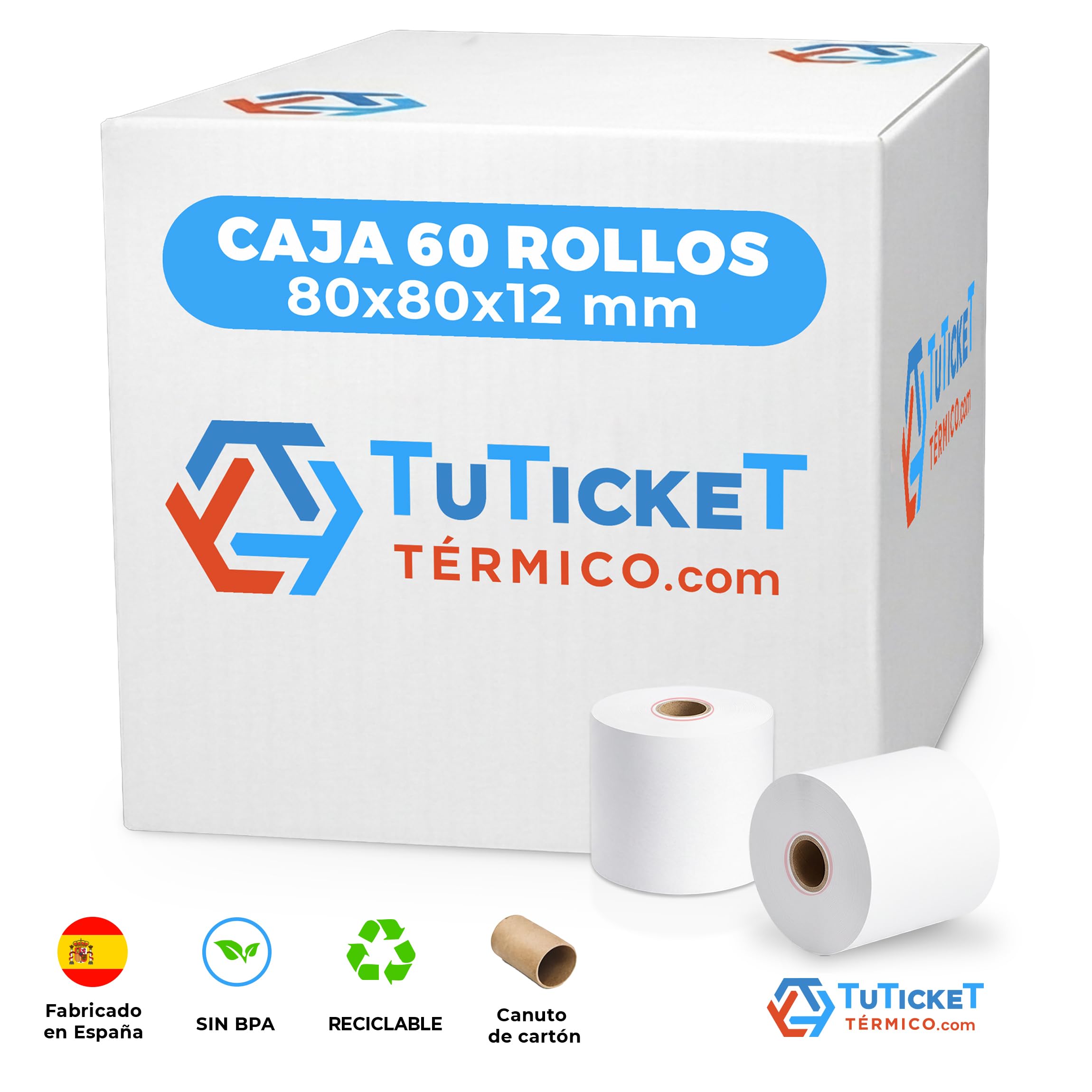 Rollo de Papel Térmico 80x80x12 mm (60 unidades, 10 más de lo habitual) para Impresora Térmica de Ticket, Caja Registradora y demás TPV. Sin Bisphenol A. PEFC. Producto C.E.