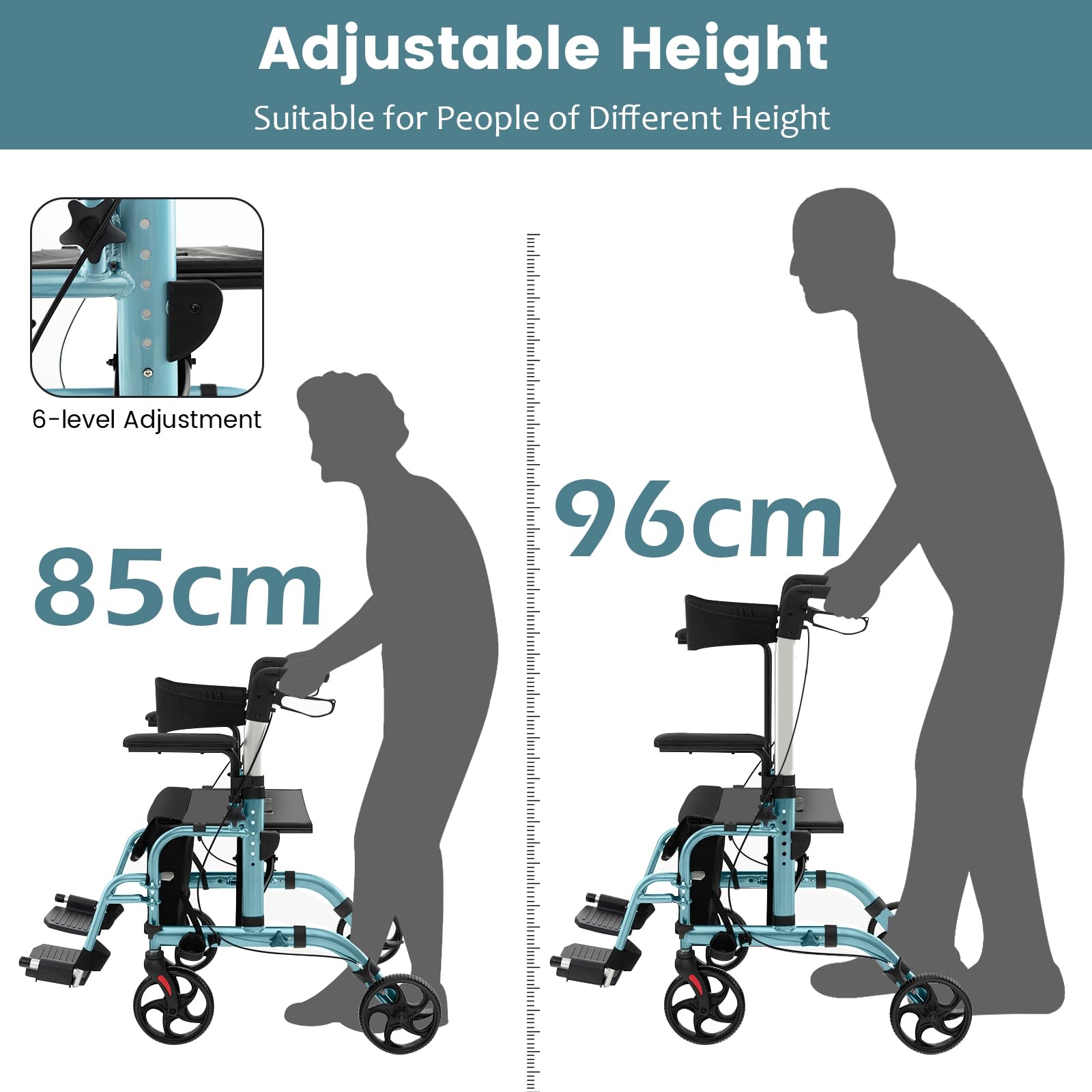 HOMASIS 2 in 1 Rollstuhl Rollator faltbar & leicht mit Sitz, Gehhilfe 6-fach höhenverstellbar, Alu Gehwagen bis 136kg, Reiserollator mit Stockhalter Tasche & Bremse, Laufhilfe für Senioren (Blau)