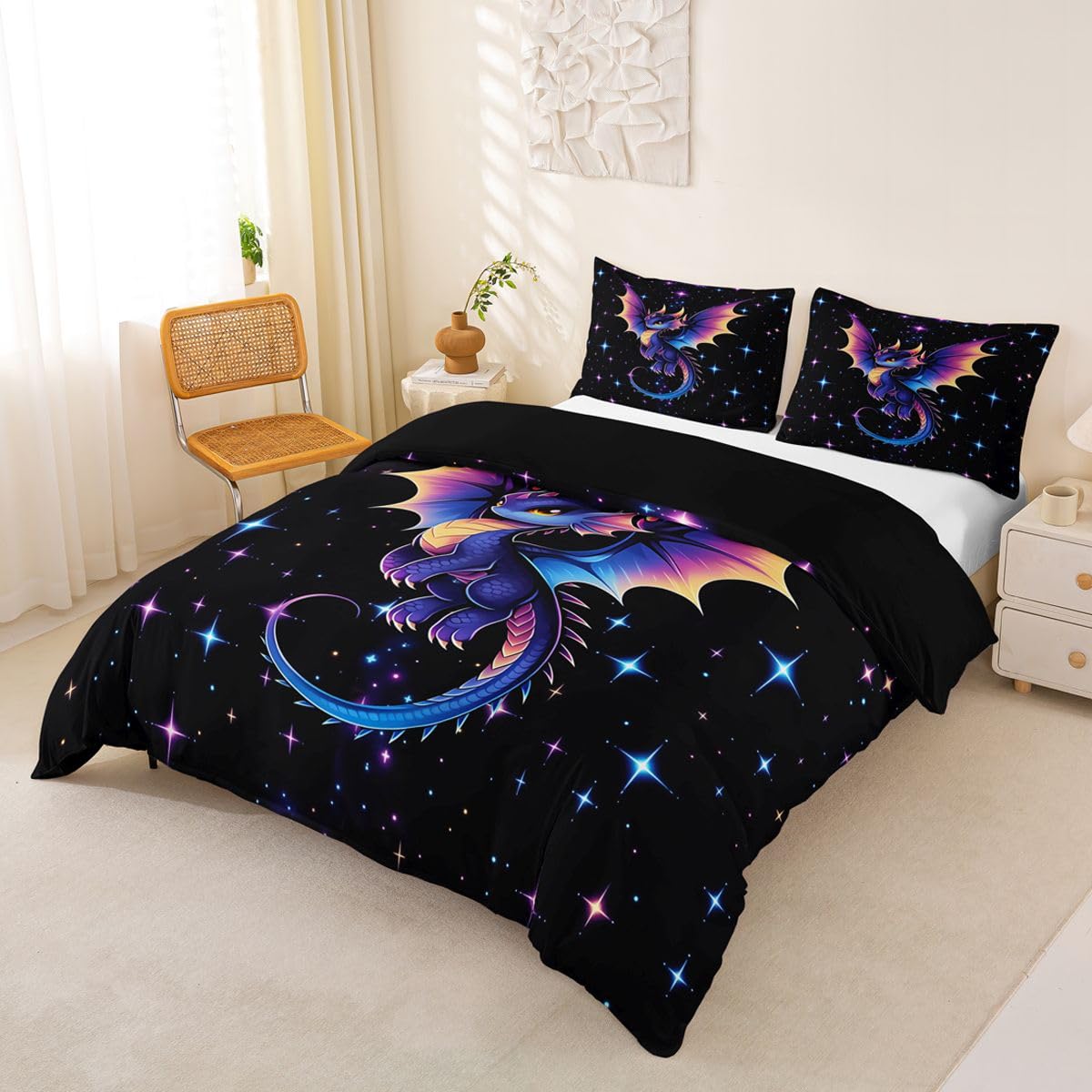 Homewish Set di biancheria da letto con copripiumino per letto super king size, motivo drago 3D, per bambini e ragazzi, galassia misteriosa e cielo stellato