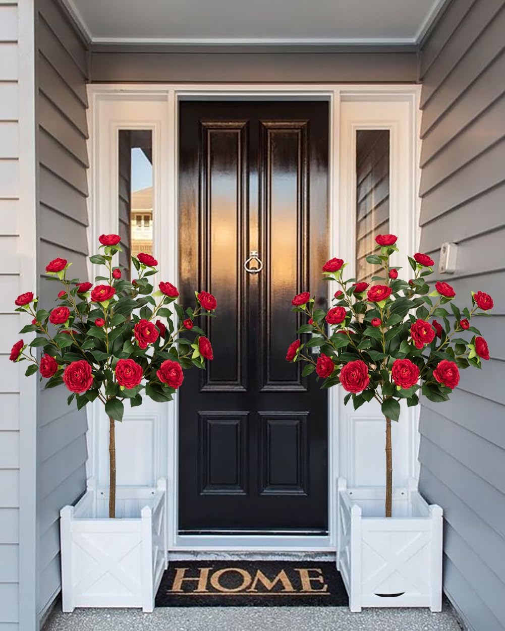 4ft Artificial Camellia Tree Fake Camellia Plant with Red Flowers Faux Floral Plant Blooming Tree in Black Pot for Indoor Outdoor Office Home Front Door Porch Decor (2 Pack - Red) - Image 6