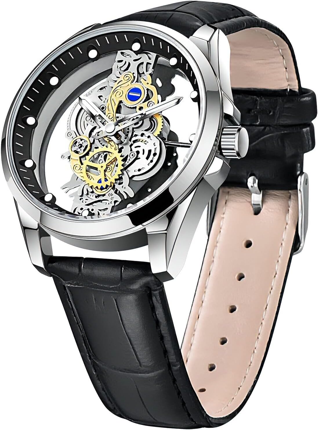 Tiong Men's Clear Cover Quartz Watch Men Stainless Steel Waterproof Watch, Business Skeleton Quartz Watch for Men