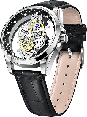 Tiong Mens Clear Cover Quartz Watch Men Stainless Steel Waterproof Watch, Business Skeleton Quartz Watch for Men