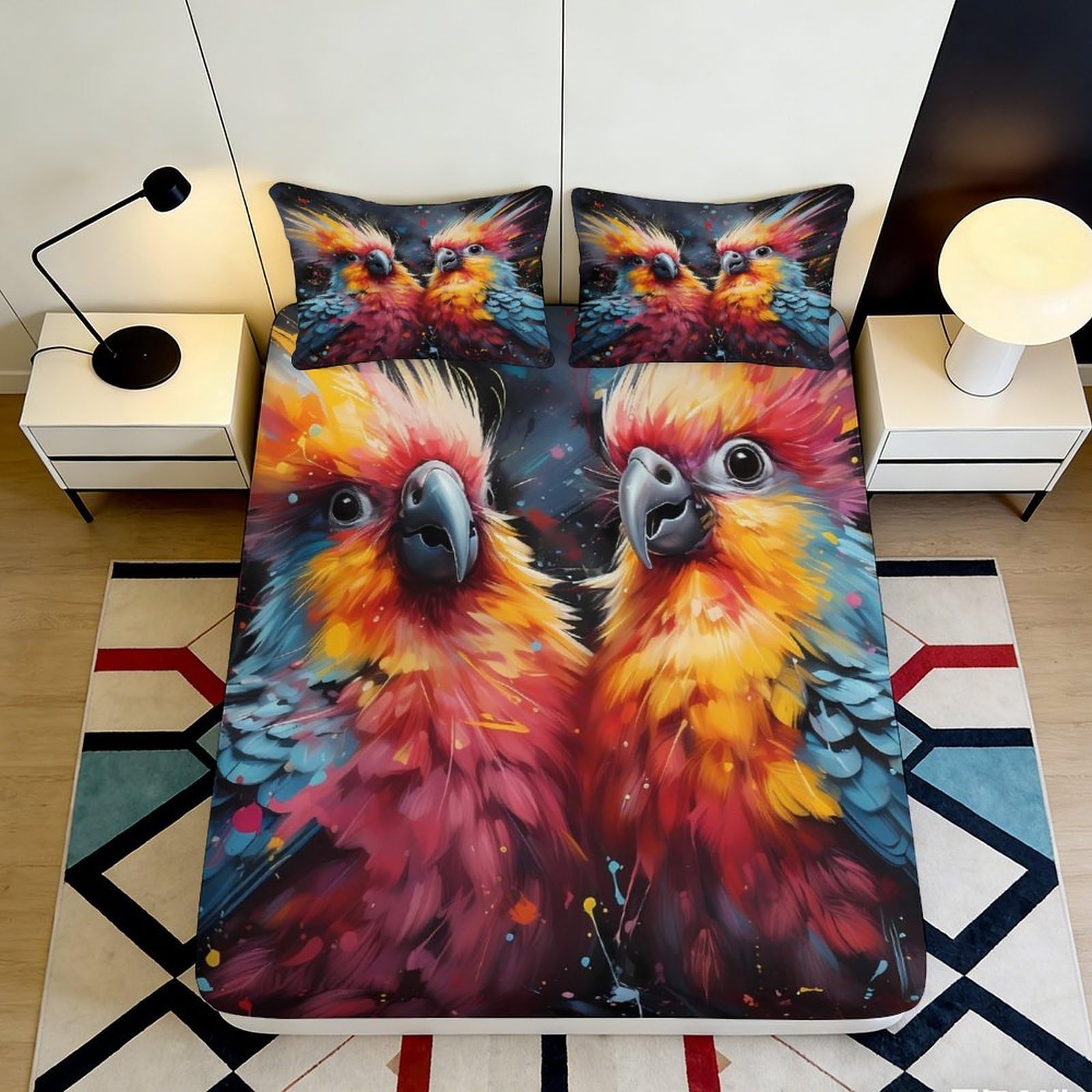 3D Printed Parrot Fitted Sheet Microfiber Deep Pocket Bedroom Bedding Non-Slip Parrot Mattress Fitted Cover Washable for Adults Teens 90x200x25cm