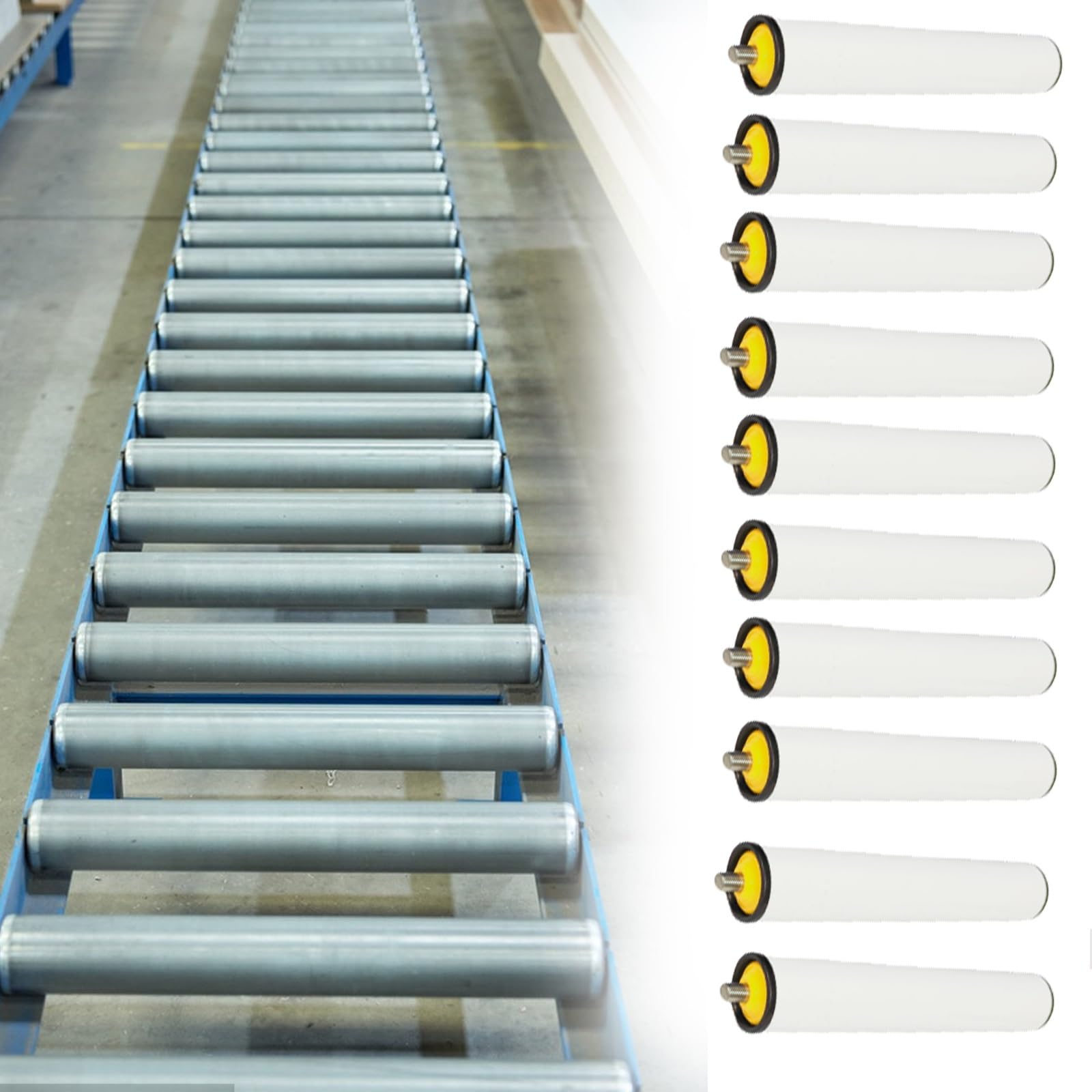 Rulli di ricambio per trasportatori commerciali, confezione da 5/10/15 pezzi, per catena di assemblaggio/sega da banco, lunghezza 16"-40", diametro 50 mm (15 pezzi, 800 mm / 31,5")
