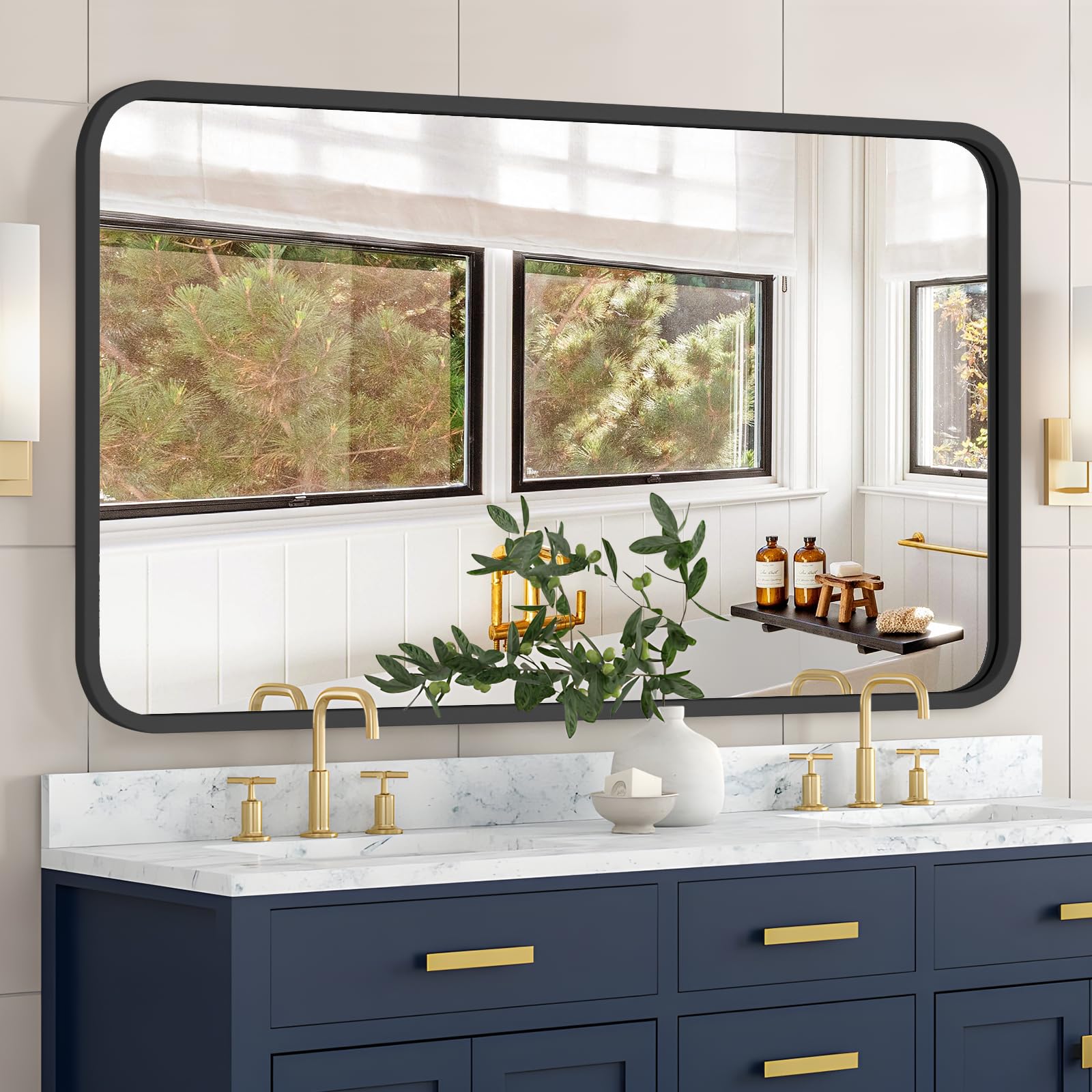 FUWU HOME 32" x 55" Wood Bathroom Mirror for Wall Black Large Rounded Corner Rectangle Vanity Mirror with Wooden Framed for Home Living Room Bedroom Wall Decorative (Horizontal/Vertical Black)