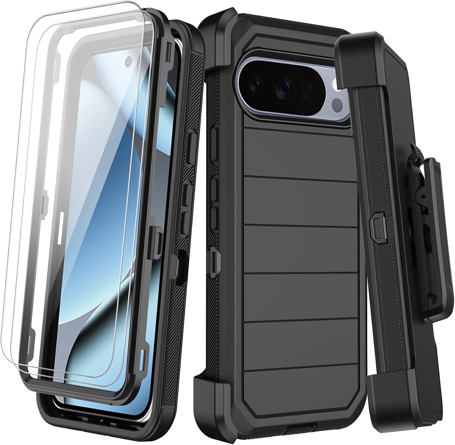 for Google Pixel 10 Pro XL Case with Belt Clip Holster,2x Screen Protectors,Heavy Duty Shockproof Drop Protection Bumper Military Grade Full Body Non Slip Rugged Durable Phone Cover with Kickstand Pixel 10 Pro XL Black