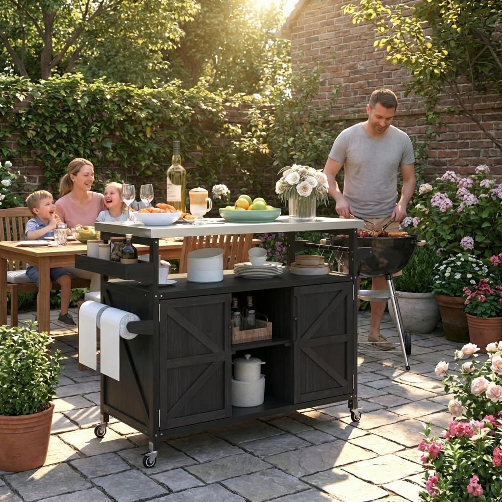 50.25" Outdoor Kitchen Island with Wheels for Food Prep, Strage, Bar, Rolling Outdoor Grill Table for Outside, Outside Cooking Table, Grill Carts, Cooking Station, Modular, Solid Wood, Black