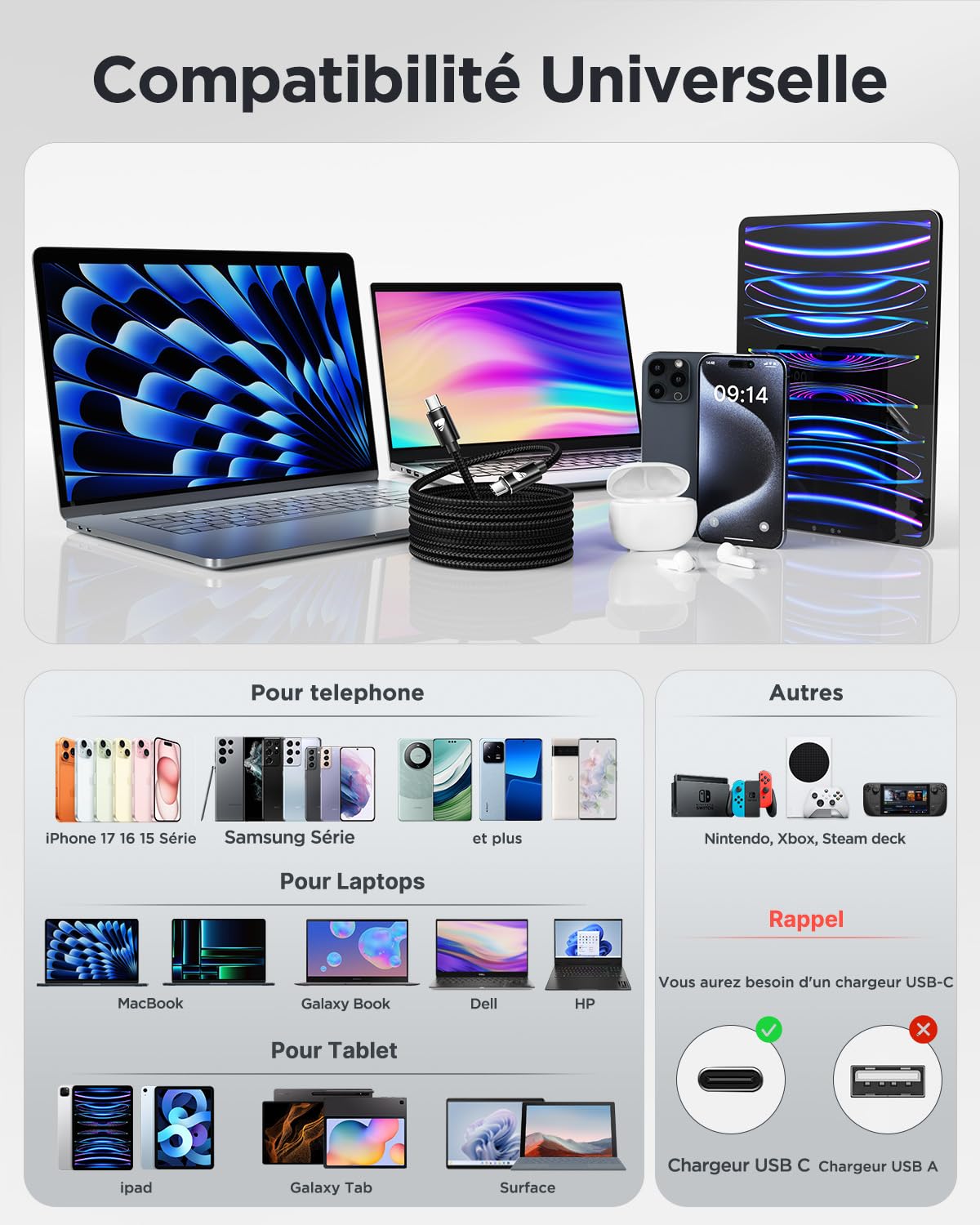 Câble USB C vers USB C 100W 5A 2M PD3.0 Charge Rapide pour iPhone 15 16 Pro Max Plus iPad Samsung S25 S24 S23