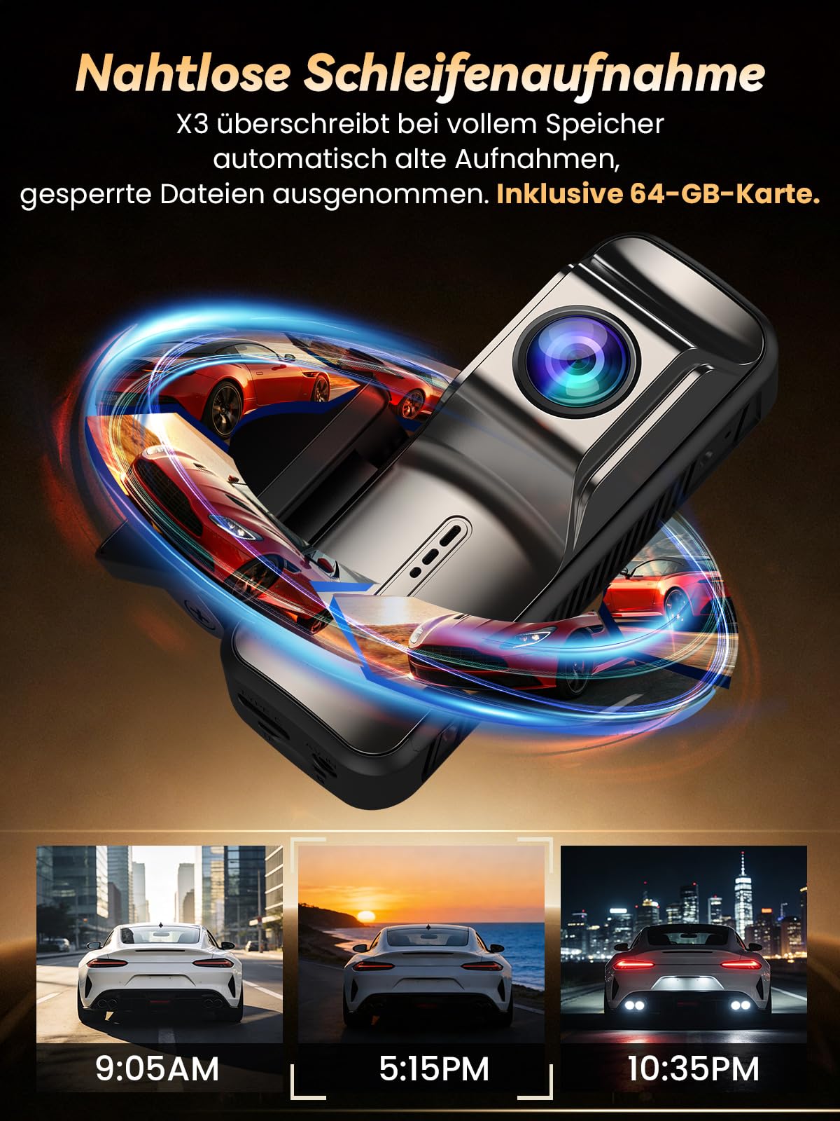4K +1080P Dashcam Auto Vorne Hinten mit 64GB Karte, APP Steuerung mit 5GHz Wi-Fi, G-Sensor, 170° Weitwinkel, Nachtsicht, WDR, 24/7 Parküberwachung, Loop-Aufnahme (X3)