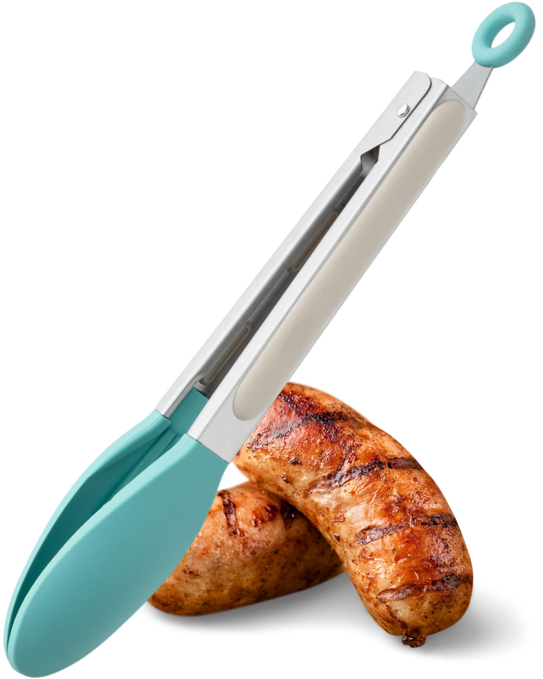 Taylors Eye Witness Large Steel Buttermilk & Turquoise Silicone Tongs, Dishwasher Safe, Sturdy Build, Non-Scratch