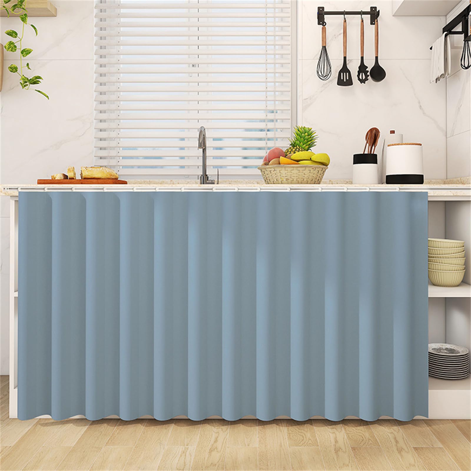 Highdi Cupboard Short Curtain Kitchen, Hide Away Small Curtains for Kitchen Cupboard Door - No Drilling Is Required with Hook and Loop for Under Sink-Solid Colour (Aqua Blue,50 * 100cm)