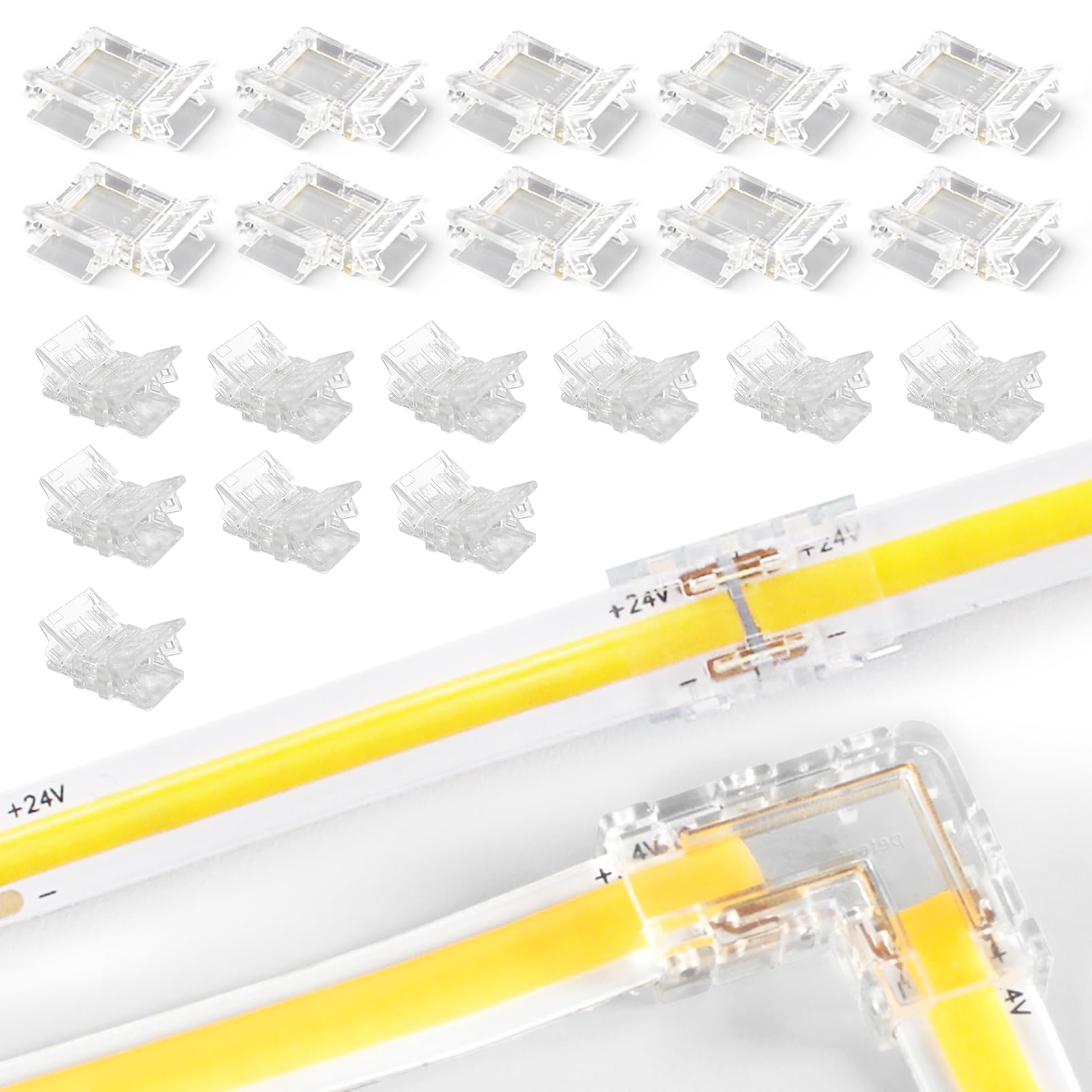 KSIBNW 20pcs LED Strip Light Connectors 2Pin 8mm Wide Unwired Solderless COB LED Strip Connector Seamless Transparent Connection, Include Strip-to-Strip Connector×10 and L Shape Connector×10