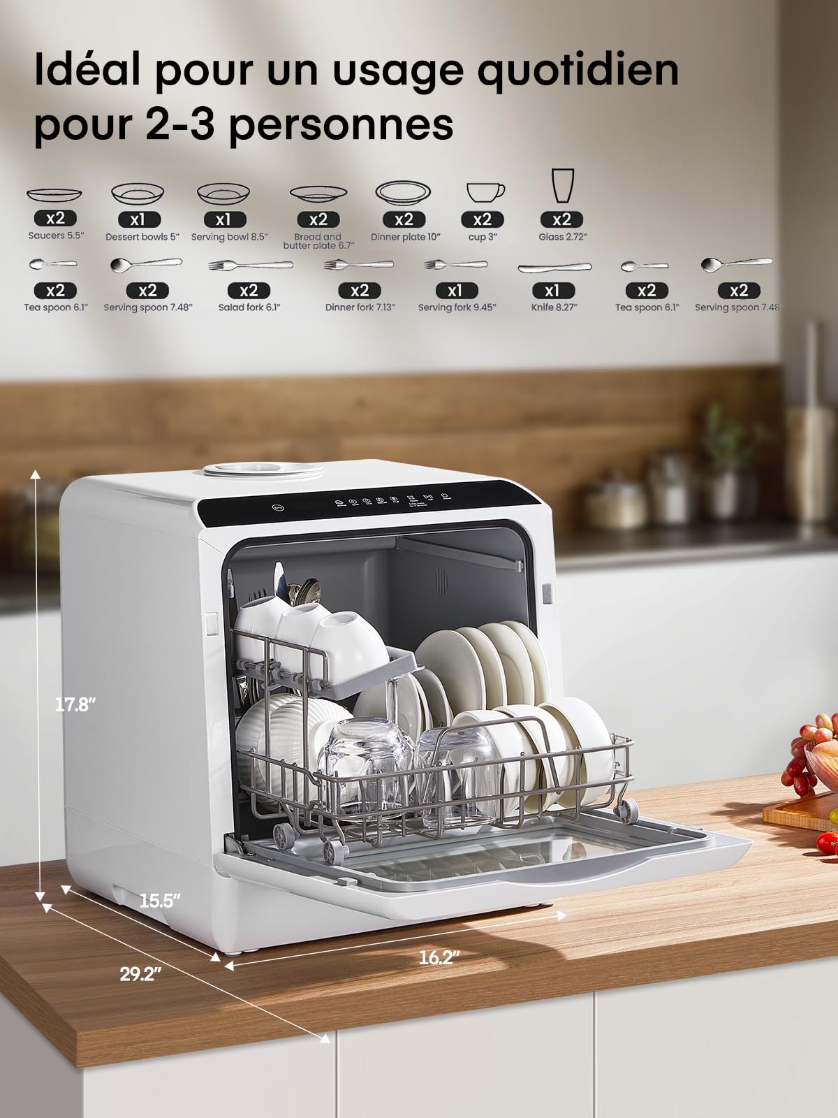 Mini Lave Vaisselle 5+1 Programmes Réservoir d'Eau 5L Contrôle Tactile Écran LED