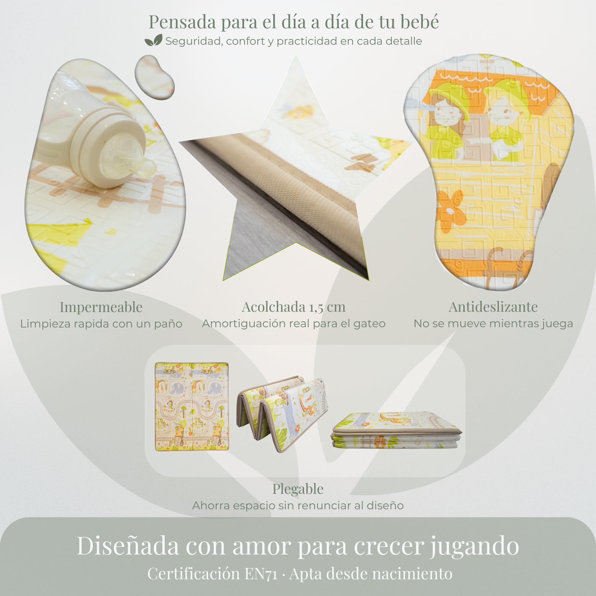 Alfombra Bebe Acolchada Plegable 150x180 cm – 1,5 cm XPE Extra Gruesa, Reversible y Antideslizante | Incluye Bolsa Premium y 20 Tarjetas Sensoriales – elematt