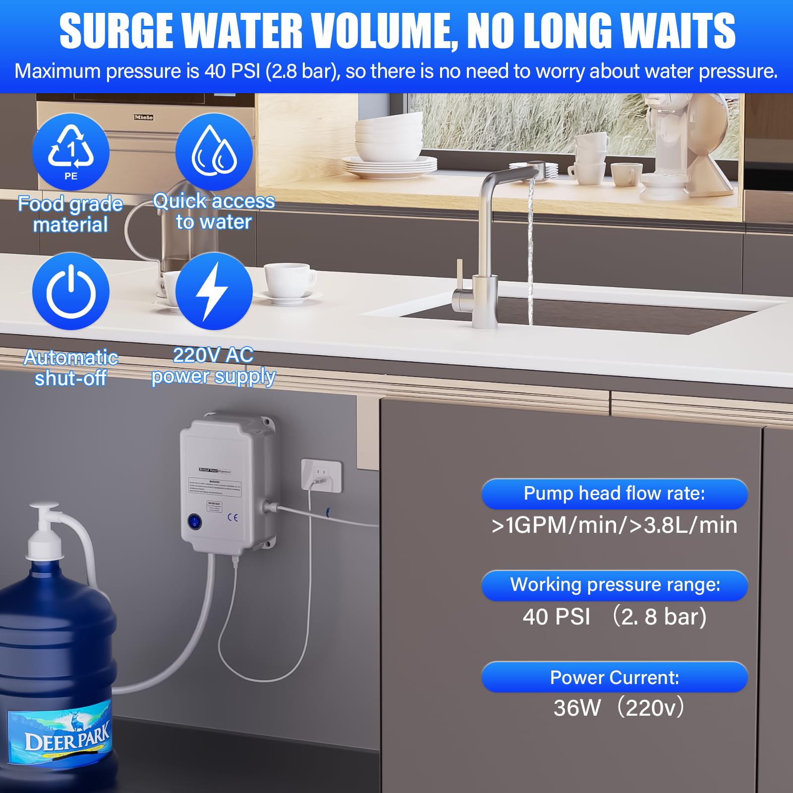 VELPAX Sistema di acqua in bottiglia da 3,78 l/min, pompa di circolazione dell'acqua da 35 W, pompa di circolazione dell'acqua da 40 PSI, adatto per sistemi di pompaggio dell'acqua a singola isola
