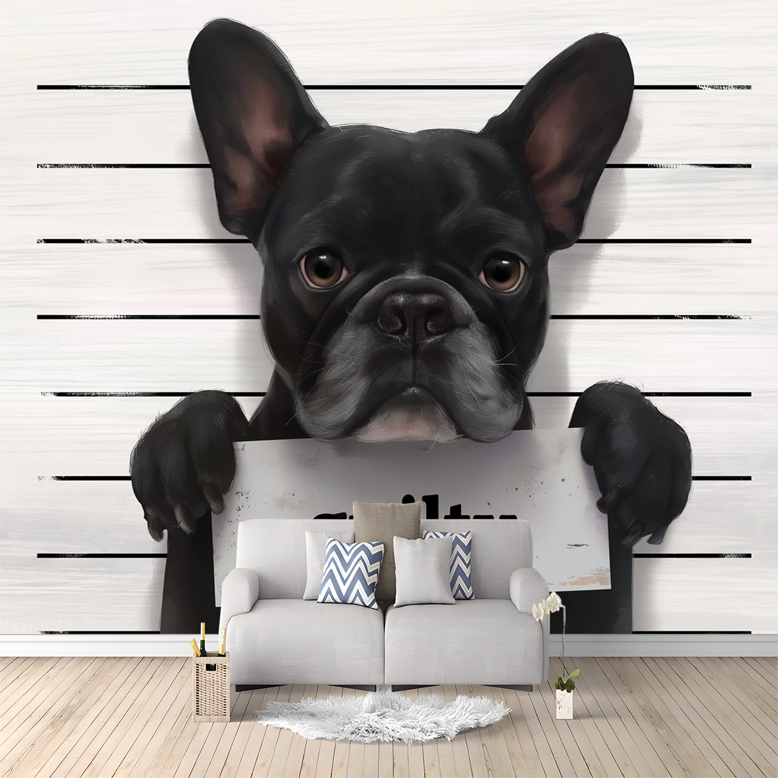 Fototapeta ze zwierzętami buldog francuski, tapeta ścienna, biała, do salonu, sypialni, biura, 200 x 140 cm, tapeta z włókniny, dekoracja ścienna