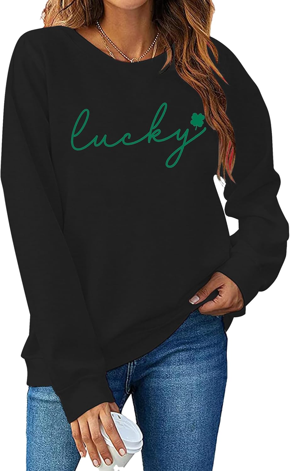 Women St. Patrick's Day Sweatshirts Shamrock Clover Print Long Sleeve Shirts Casual Irish Gift Pullover Tops