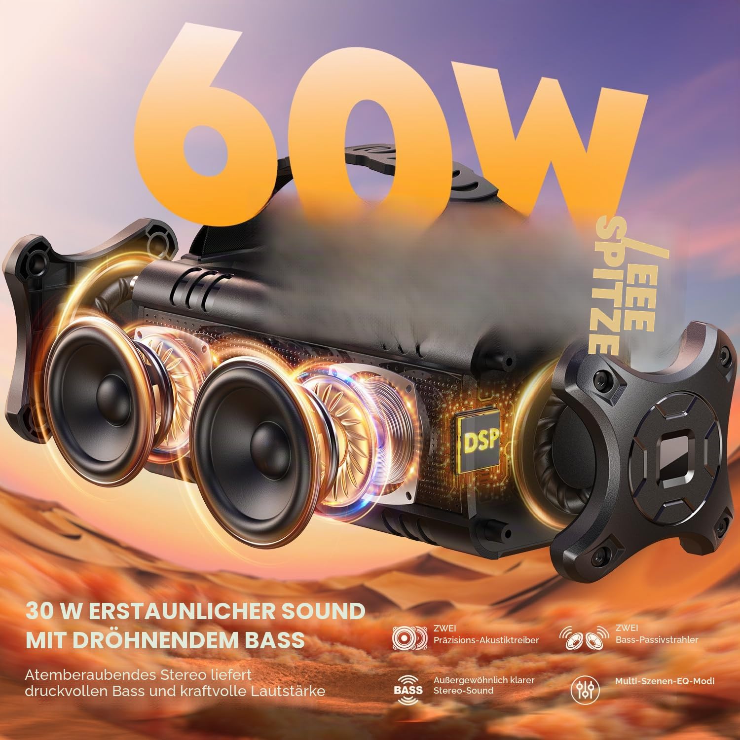 W-KING Bluetooth Lautsprecher Box (60W Peak) 30W IPX6 Outdoor Musikbox | Wasserdicht Tragbarer Party Boombox Camping Soundbox, Sattem Bass, Robust. Schwimmf. 24H, TF-Karte, USB-Wiedergabe, AUX, EQ