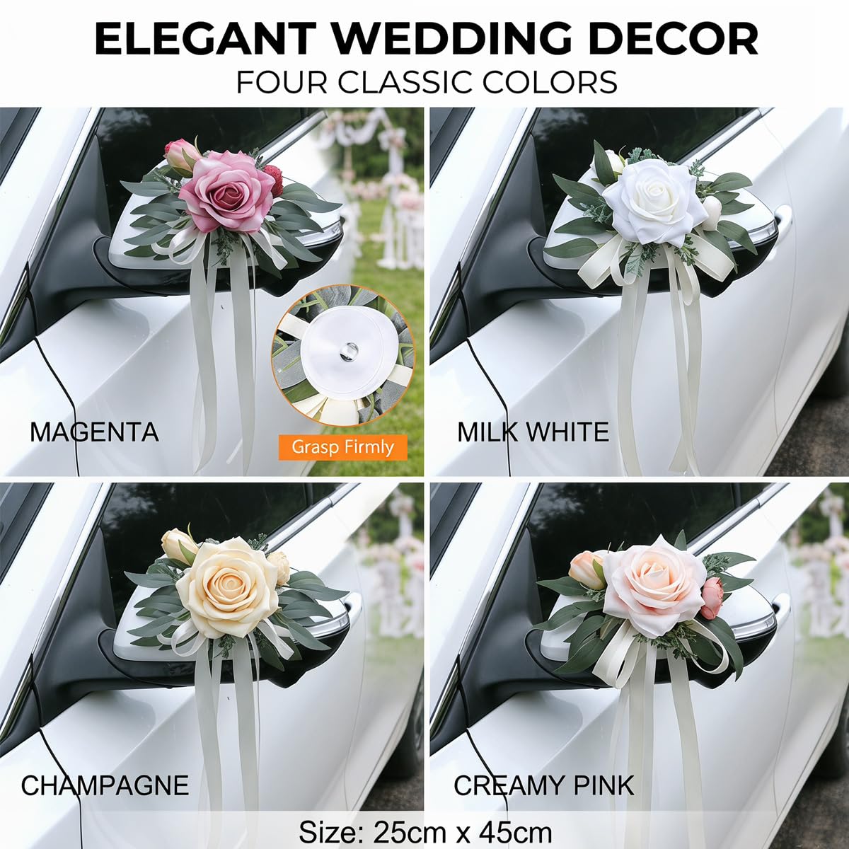 6 Stück Hochzeit Autoschmuck, Auto Türgriff Blume Deko, Autoschleifen Hochzeit Rückspiegel Dekoration, Künstliche Rose mit Saugnäpfen für Hochzeitsdeko Auto Rückspiegel Cremrosa