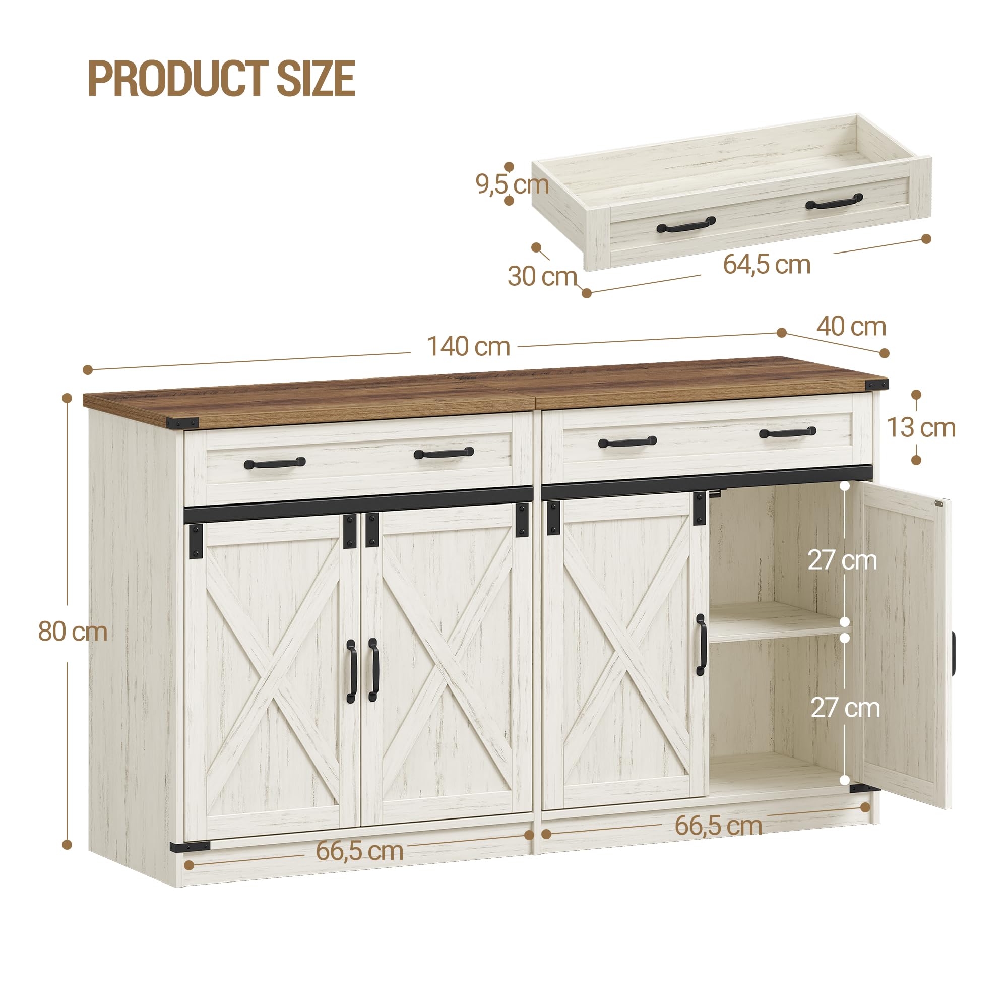 Hzuaneri Küchenschrank, Buffetschrank mit 2 Schublade, Sideboard mit 4 Türen, Verstellbare Einlegeböden, Landhausstil, Küche, Wohnzimmer, 40 x 140 x 80 cm, Vintageweiß-honigbraun, SC94814X