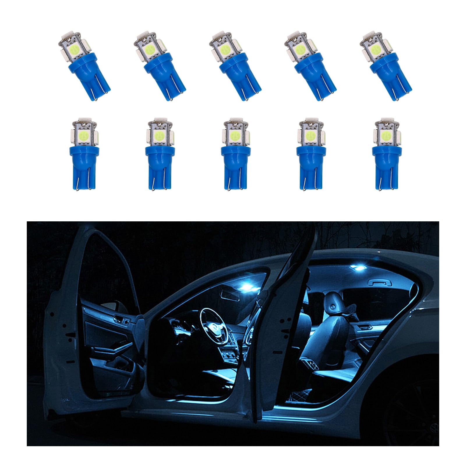 10 PCS Car Interior LED Light Bulb, T10 5050 5SMD LED Car Bulb Kit, Super Bright Automotive Led Replacement Bulbs for Dashboard Dome Map Door Courtesy License Plate Lights (Ice Blue)