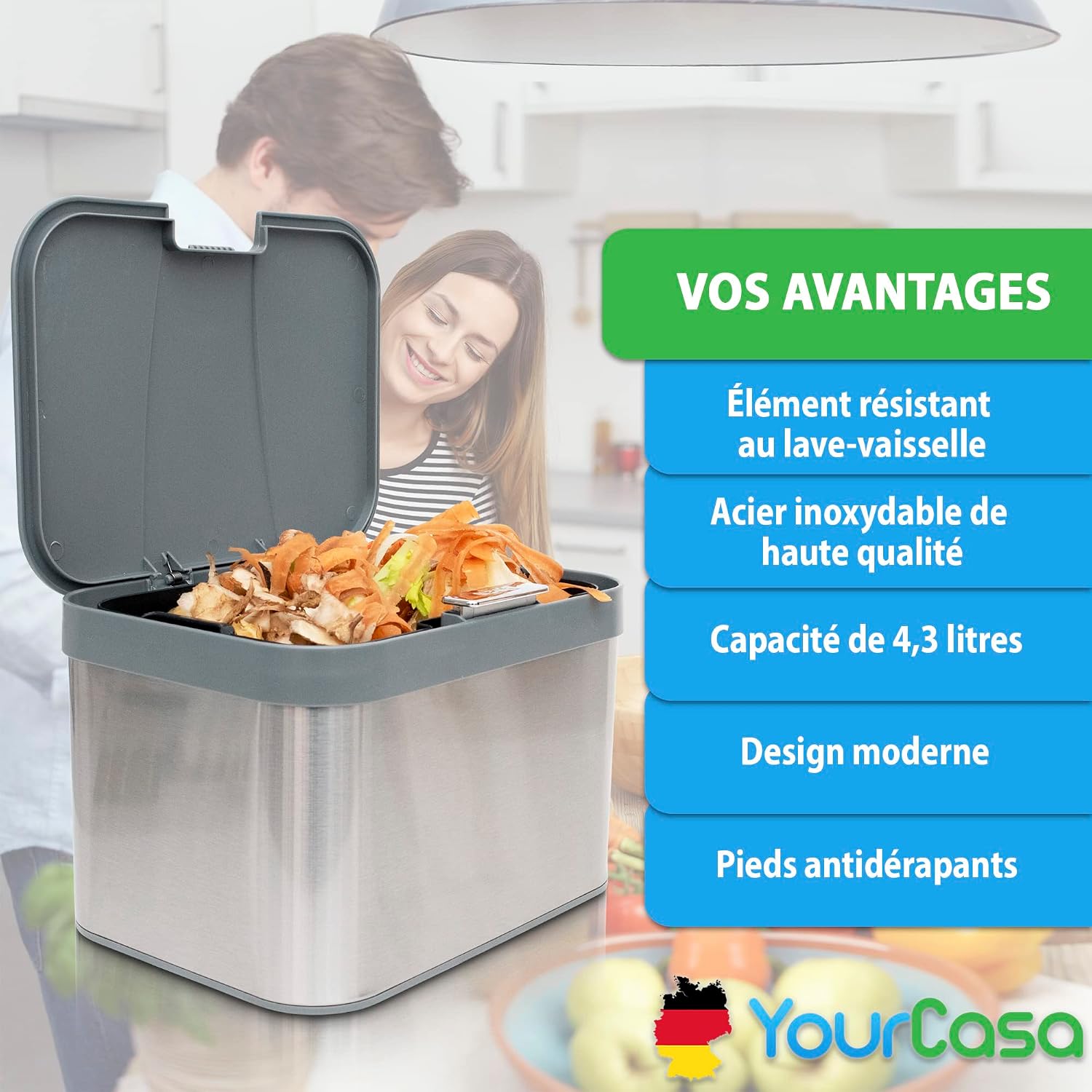 Yourcasa Organic Kitchen Waste Bin, Stainless Steel, 4.3 L, Compost Bin, Kitchen, Small, Odour-Proof - Image 5