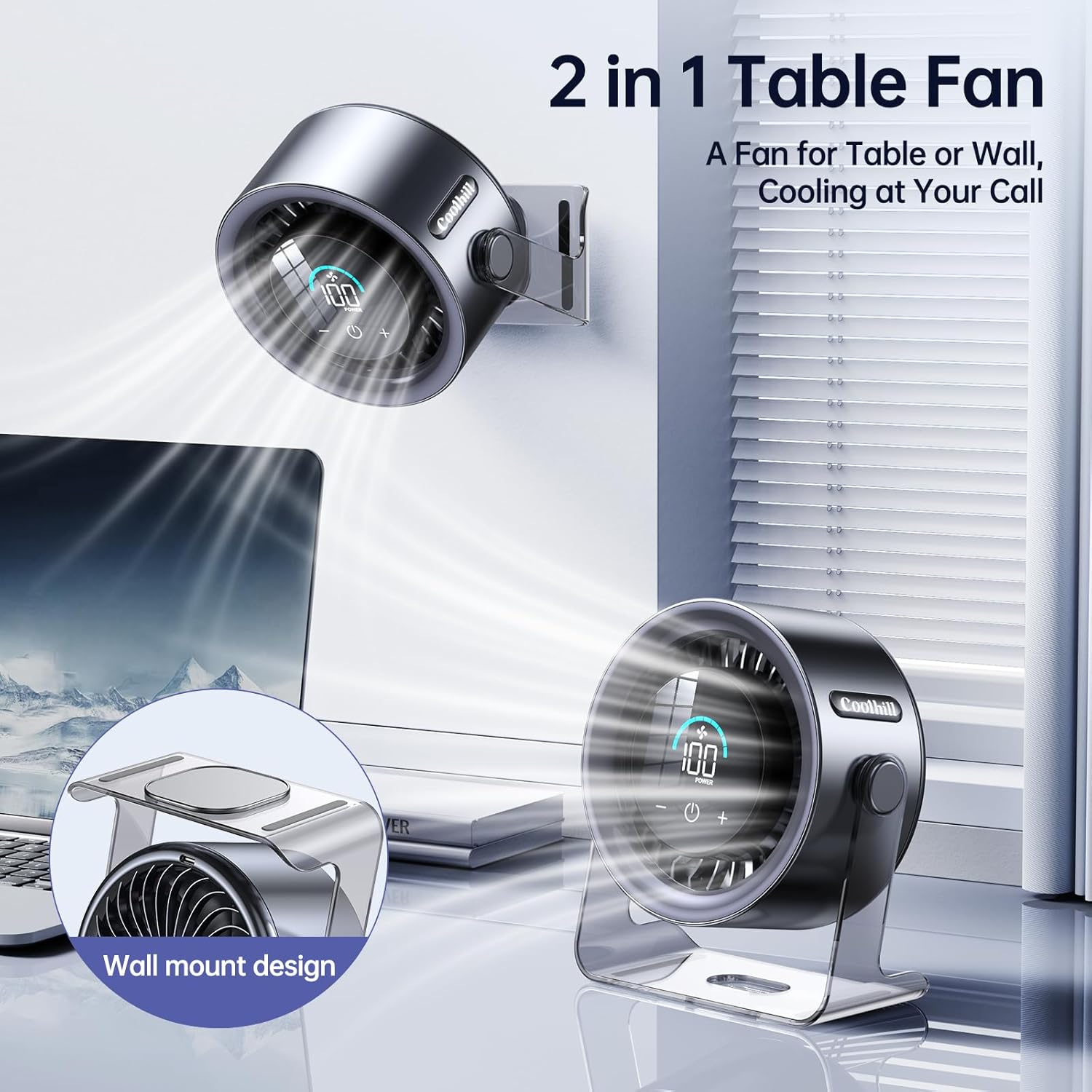 USB Desk Fan for Bedroom: 100 Speeds Digital Display Quiet Table Fan with Turbo Airflow, 120° Rotating Small Rechargeable Battery Desktop Fans for Bedroom Home Office (Black)