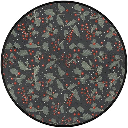 Miniatura 2 de Christmas Winter Holly Leaves Berries (3) Round Area Rug 3ft Machine Washable Circular Rugs for Dining Room Table Bedroom Playroom Throw Rugs for