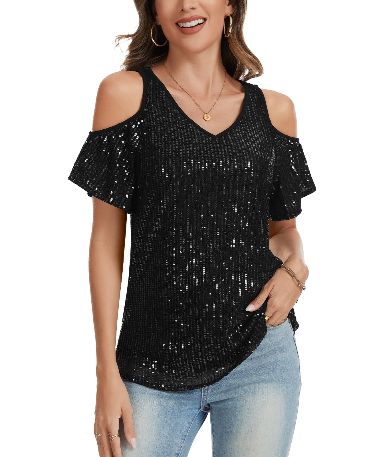 Top scintillante da donna a maniche corte con paillettes, top con scollo a V, spalle scoperte, tunica glitterata, camicie da sera per feste e uscite