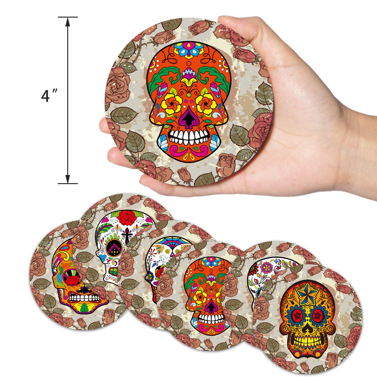 Vencer The Nightmare Before X-MAS Coasters Skull Head Ceramic Coasters for Drink with Holder - Absorbing Stone Coasters with Cork Base,Prevent Furniture - Day of the Dead Dia De Muertos,Set of 6