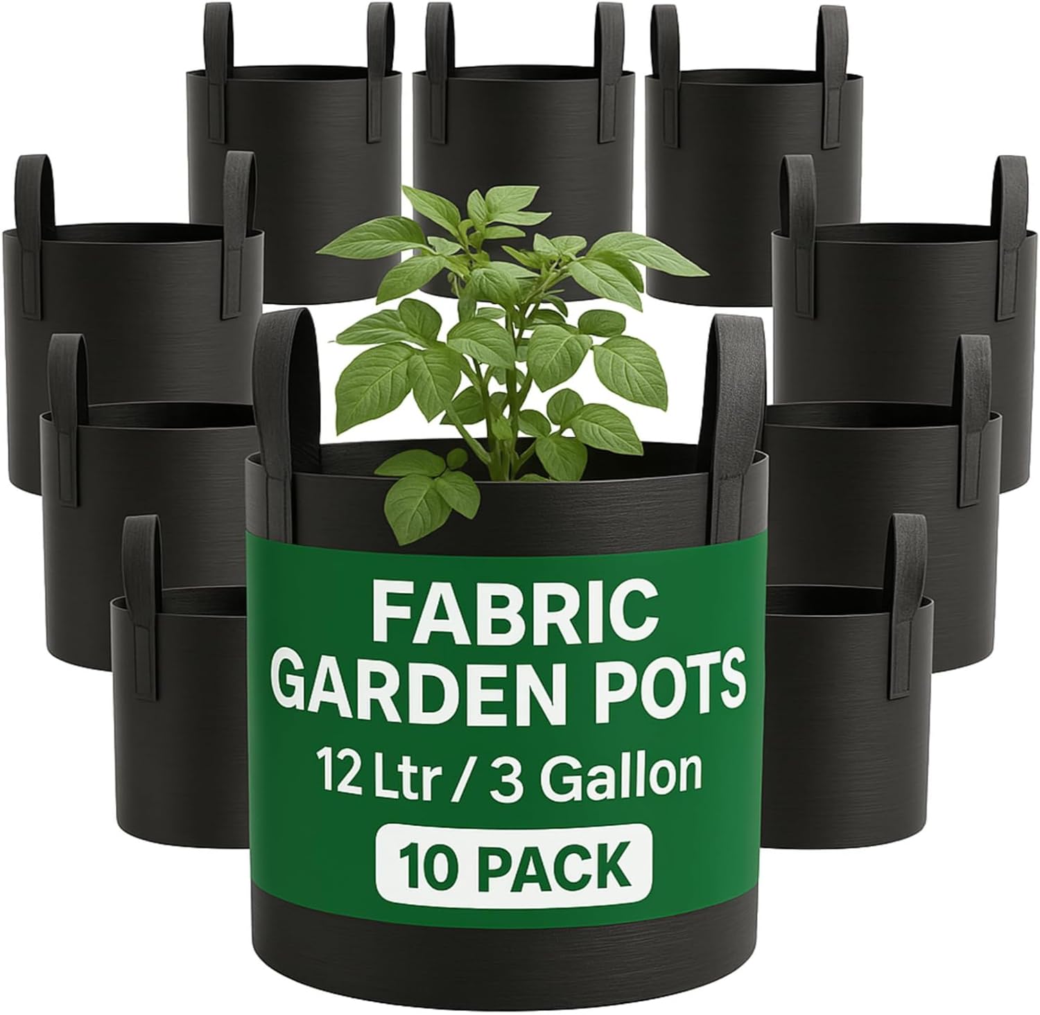 Bronte Heritage Lot de 10 sacs de culture pour légumes en tissu avec poignées, sacs de jardin noirs pour planter des pommes de terre, des tomates, des fraises ou des piments. Conteneurs d'extérieur ou