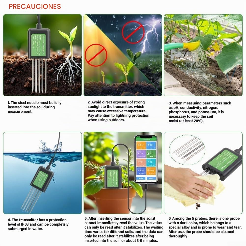 Sensor de suelo USB 7 en 1 probador de temperatura pH medidor de humedad compatible impermeable IP68 agricultura jardinería herramienta para plantas humedad NPK análisis de nutrientes