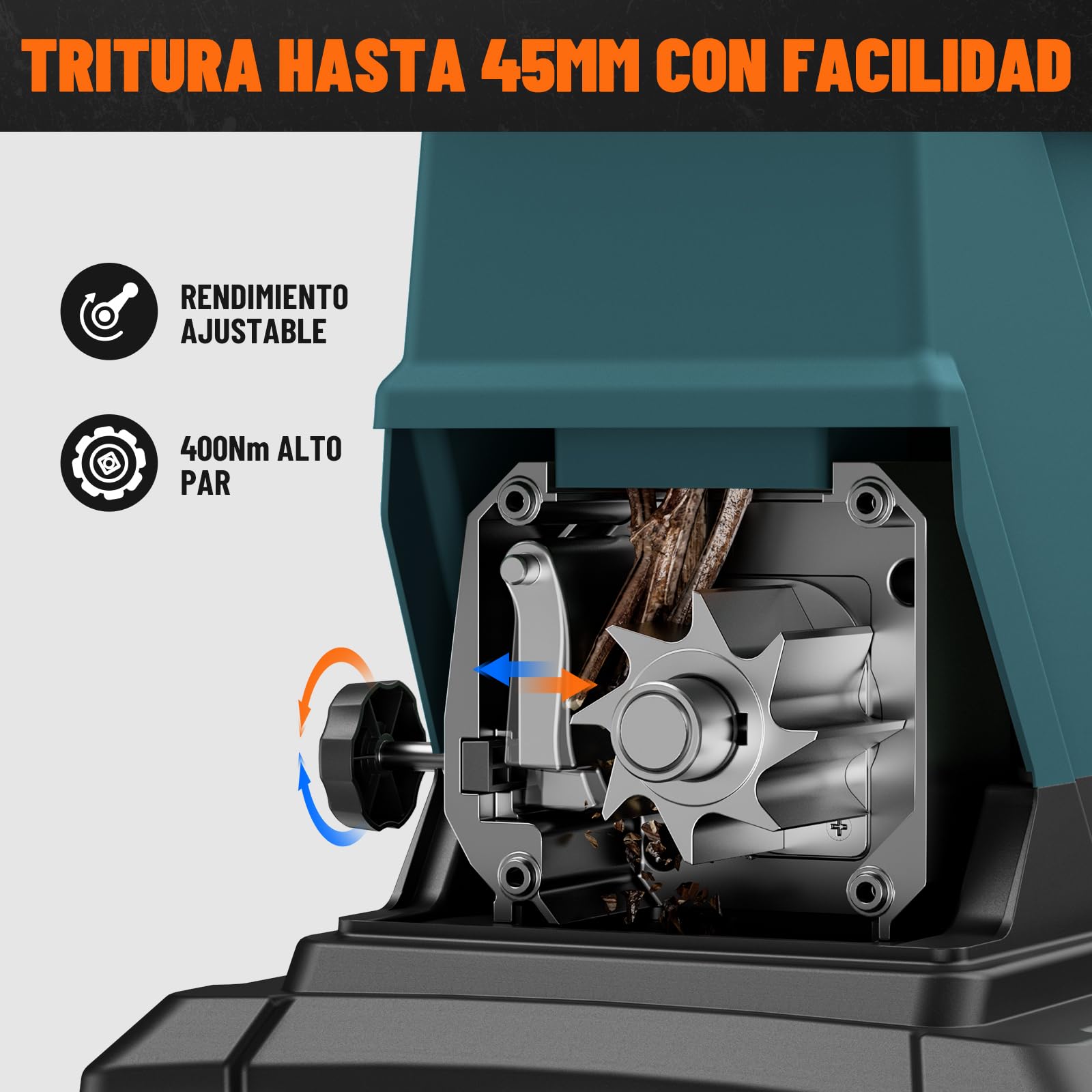DOVAMAN GT10 Trituradora de Ramas, Motor 2800W sin Escobillas, Rodillo de 6 Dientes, Hasta 45mm, Caja 55L, Silenciosa, Ideal para Jardines - con Protección de Sobrecarga